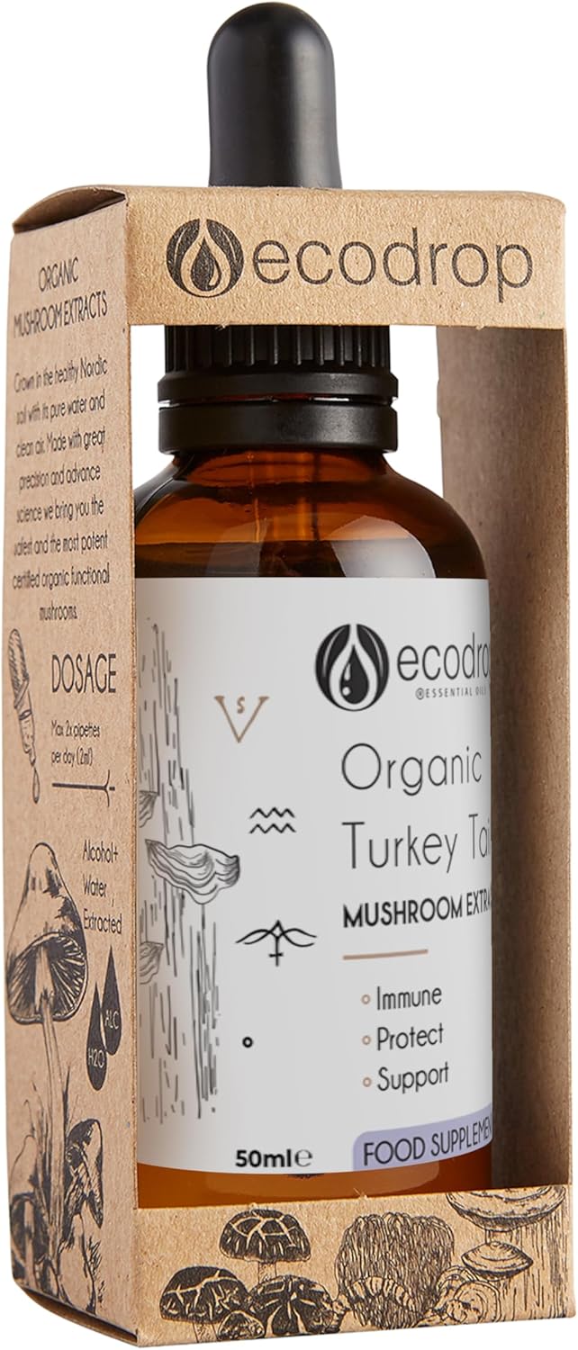 Ecodrop Organic Turkey Tail Mushroom I 50ml I Double Extract Liquid Tincture Turkey Tail Supplement I Heavy Metal-Free, Nordic Sourced, & Fully Traceable I Manufactured in Finland
