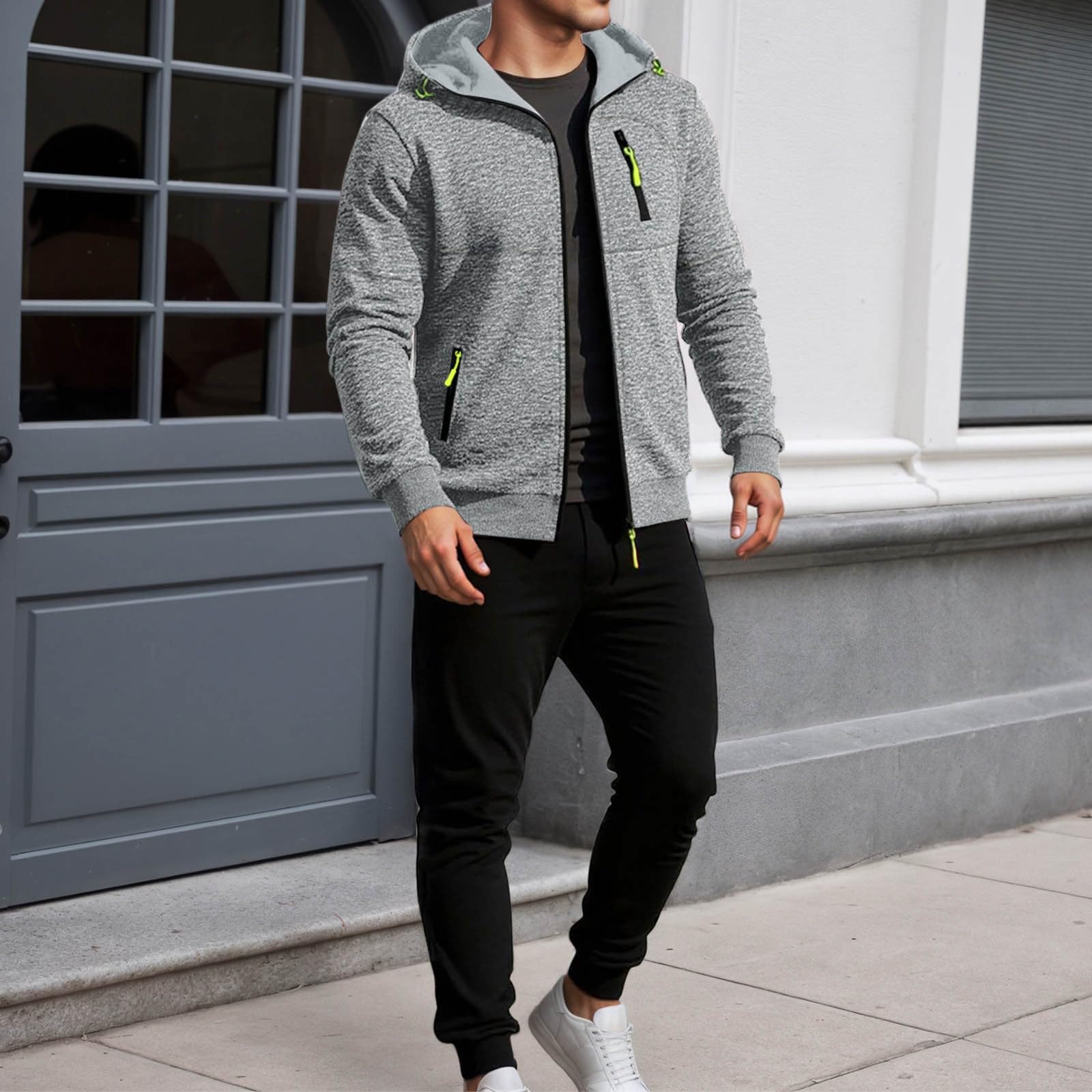Tuta da uomo a maniche lunghe con cappuccio, felpa e pantaloni con coulisse, per palestra, corsa, jogging, abbigliamento sportivo, abbigliamento casual