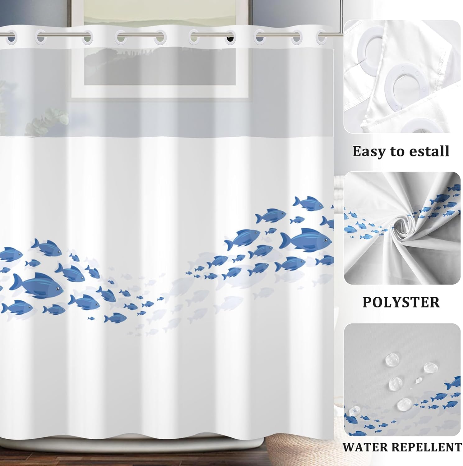 Baocicco No Hook Blue Fish Shower Curtain for Kids Cartoon Fish Double Layers Waterproof Fabric with See Through Top Window Swiming Fishes Double Layers & Machine Washable for Easy Clean 71x74 Inch