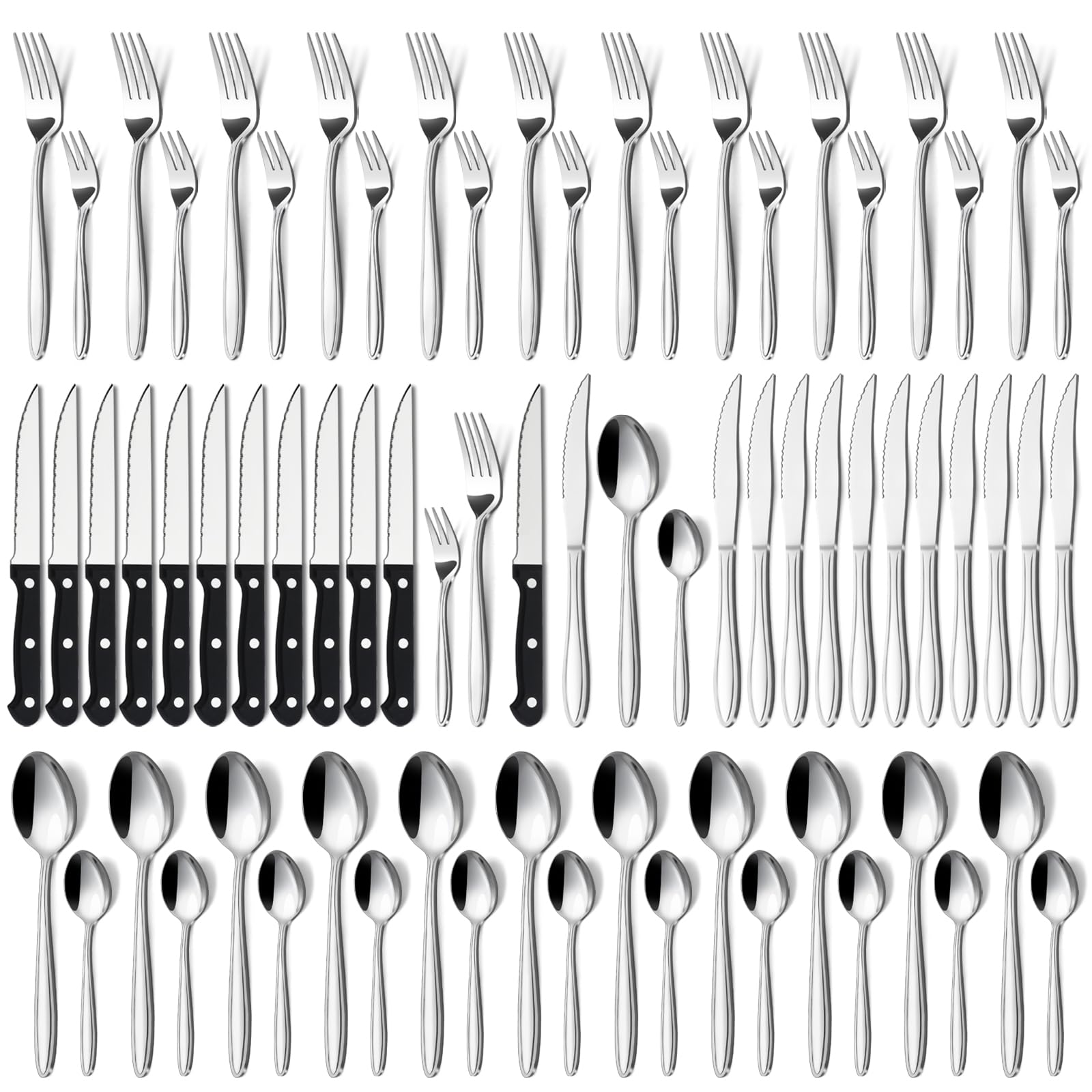 Hunnycook Set di posate in acciaio inox argentato, set di posate con cucchiaio, coltello e forchetta, ideale per casa, feste, ristorante, lucidato, lavabile in lavastoviglie, per 6 persone, 24 pezzi