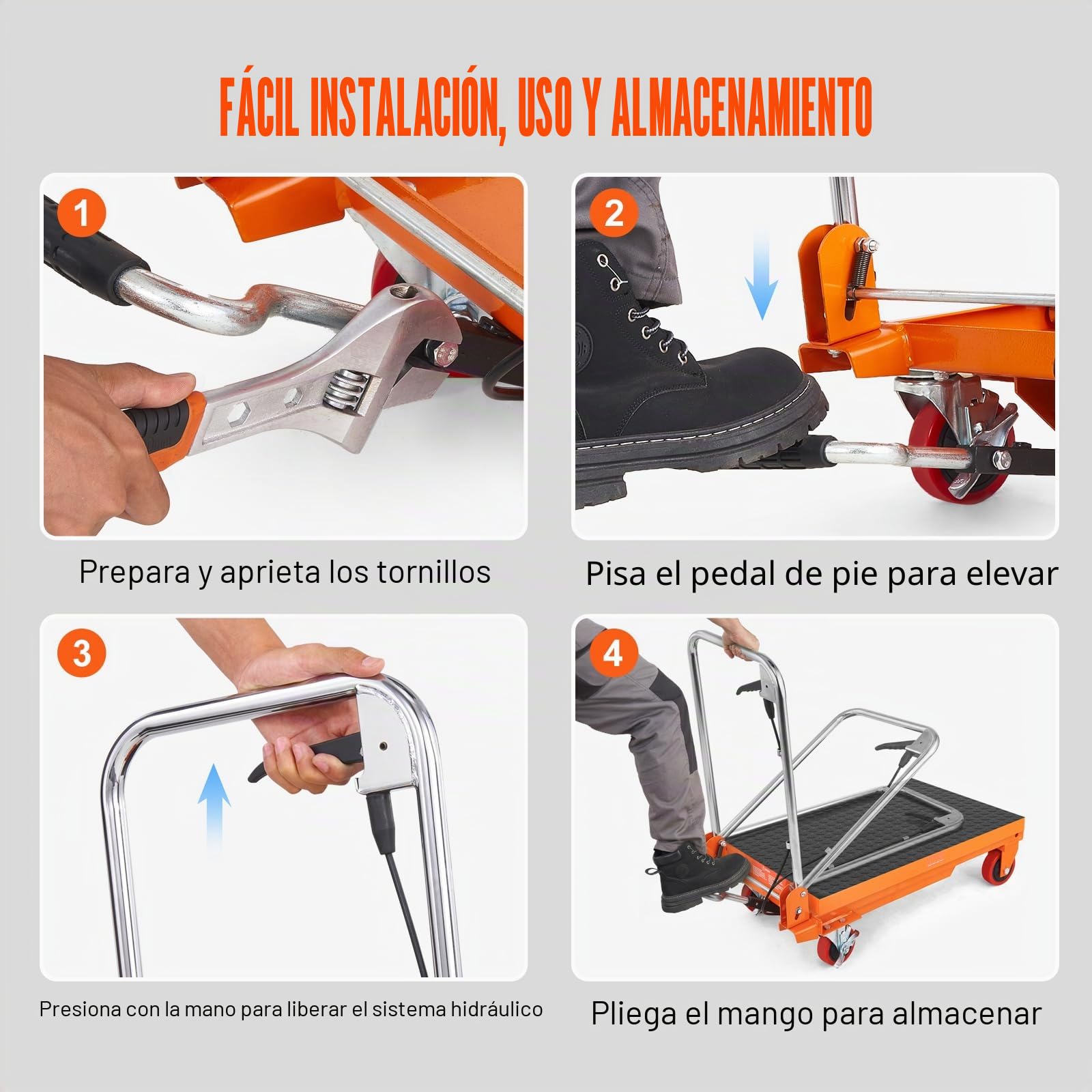 VEVOR TF15 - Carrito de mesa de elevación hidráulica, capacidad de 330 libras, 28.5 pulgadas con 4 ruedas y almohadilla antideslizante, para manejo y transporte de materiales, color naranja