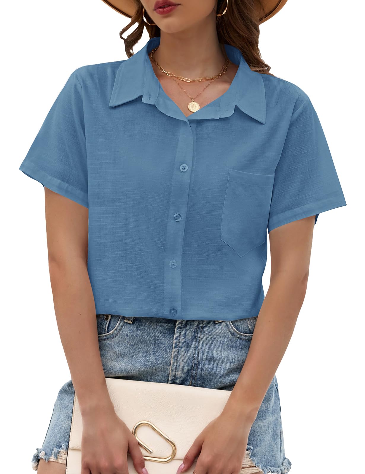 PASUDA Camicia Donna Estiva Blusa Elegante Manica Corta Cotone Lino Camicetta da Donna Maglia Estive Maglietta Casual Scollo a V con Bottoni T Shirt Tinta Unita Classico Tops