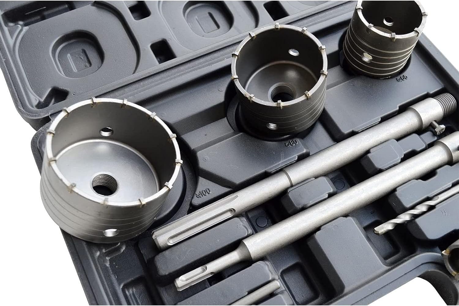 10 unidades para kit de 5 brocas widia para hormigon medida 30 40 65 80 100 mm dos soportes de montaje sds plus y sds Max 2 puntas de centrado + maleta de transporte