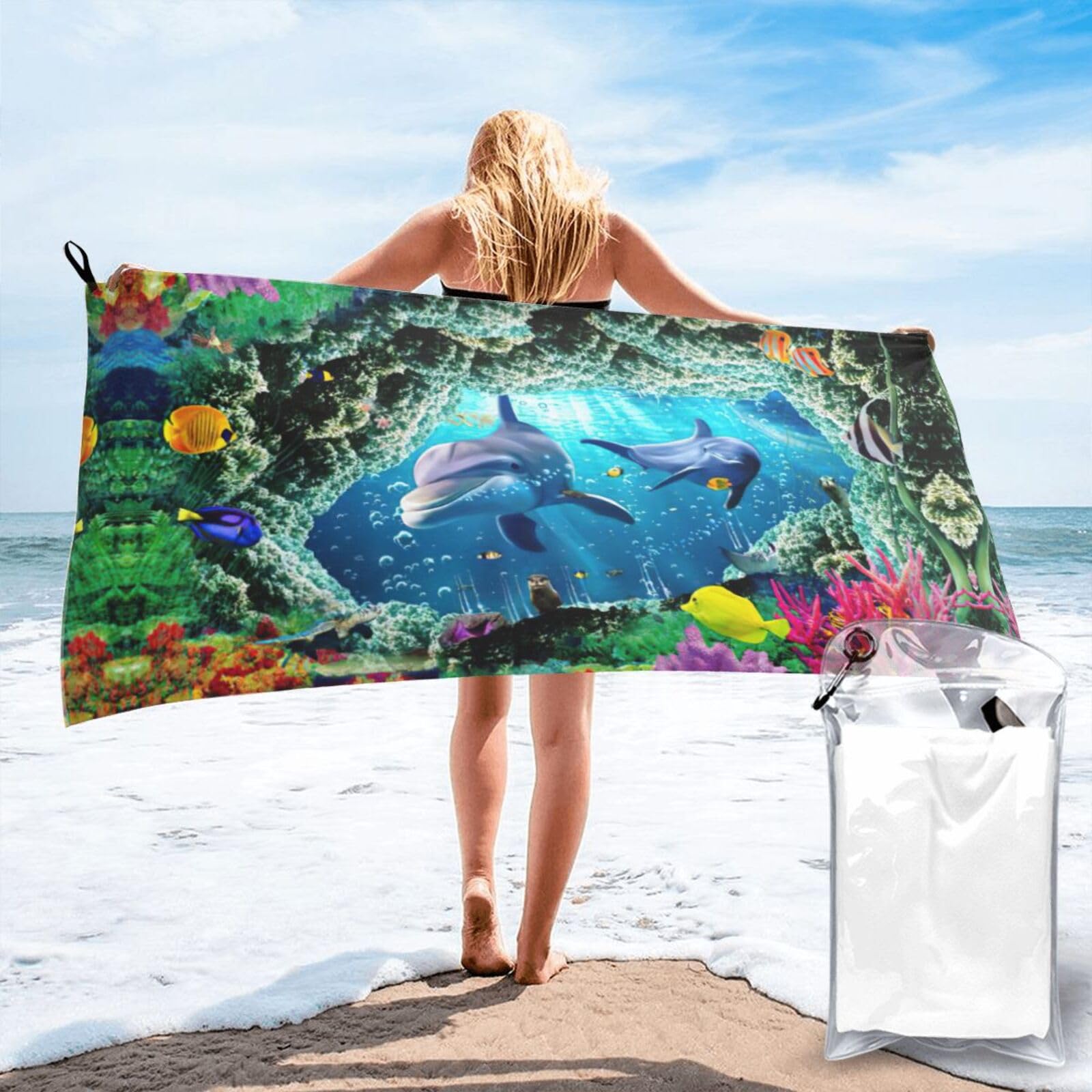 ENGhjes Ocean Underwater Dolphin Fish Print Camping Towel Fast Drying Bath Beach Shower Wrap For Gym Camping Vacation Adults Portable Gift