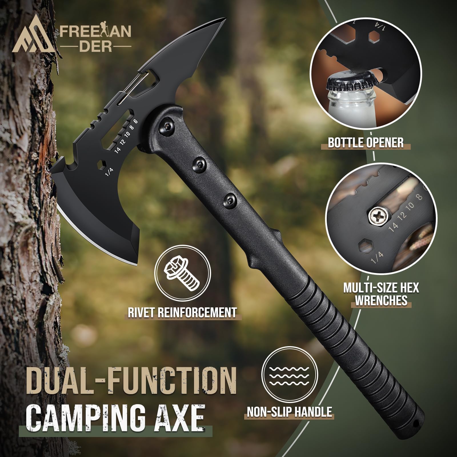 Freelander Ascia da Sopravvivenza con Punta, Accetta da Campeggio Affilata con Fodero in Nylon, Multitool Outdoor per Spaccare Legna, Manico in ABS, Bushcraft Avventura, Regalo per Uomo