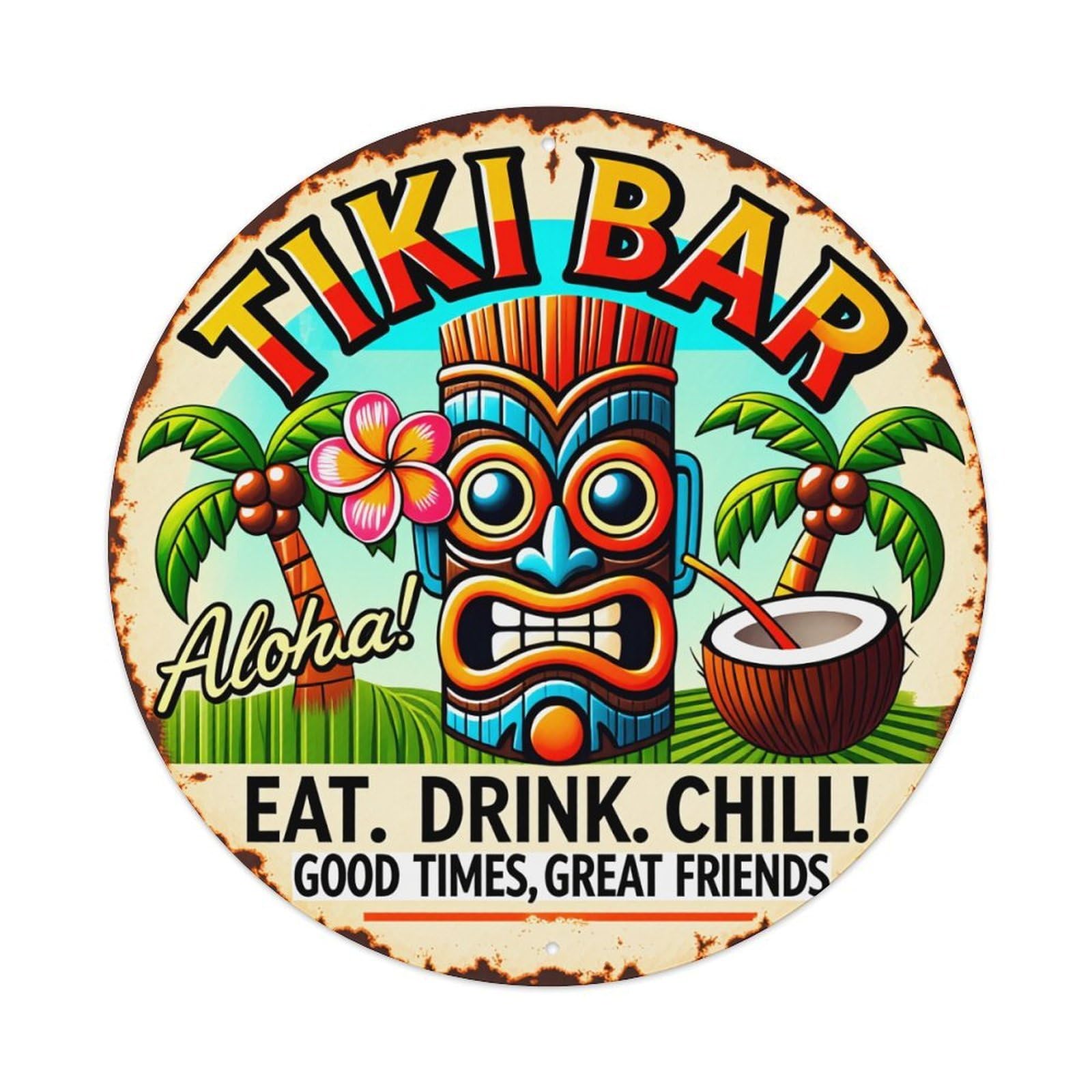 Tiki Bar Tiki Mask Palm Trees Coconut Drink Vintage Metal Tin Sign Retro Wall Decor for Home Bar Garage Cafe, Indoor & Outdoor Decorative，circle Metal Poster, 8x8 Inch