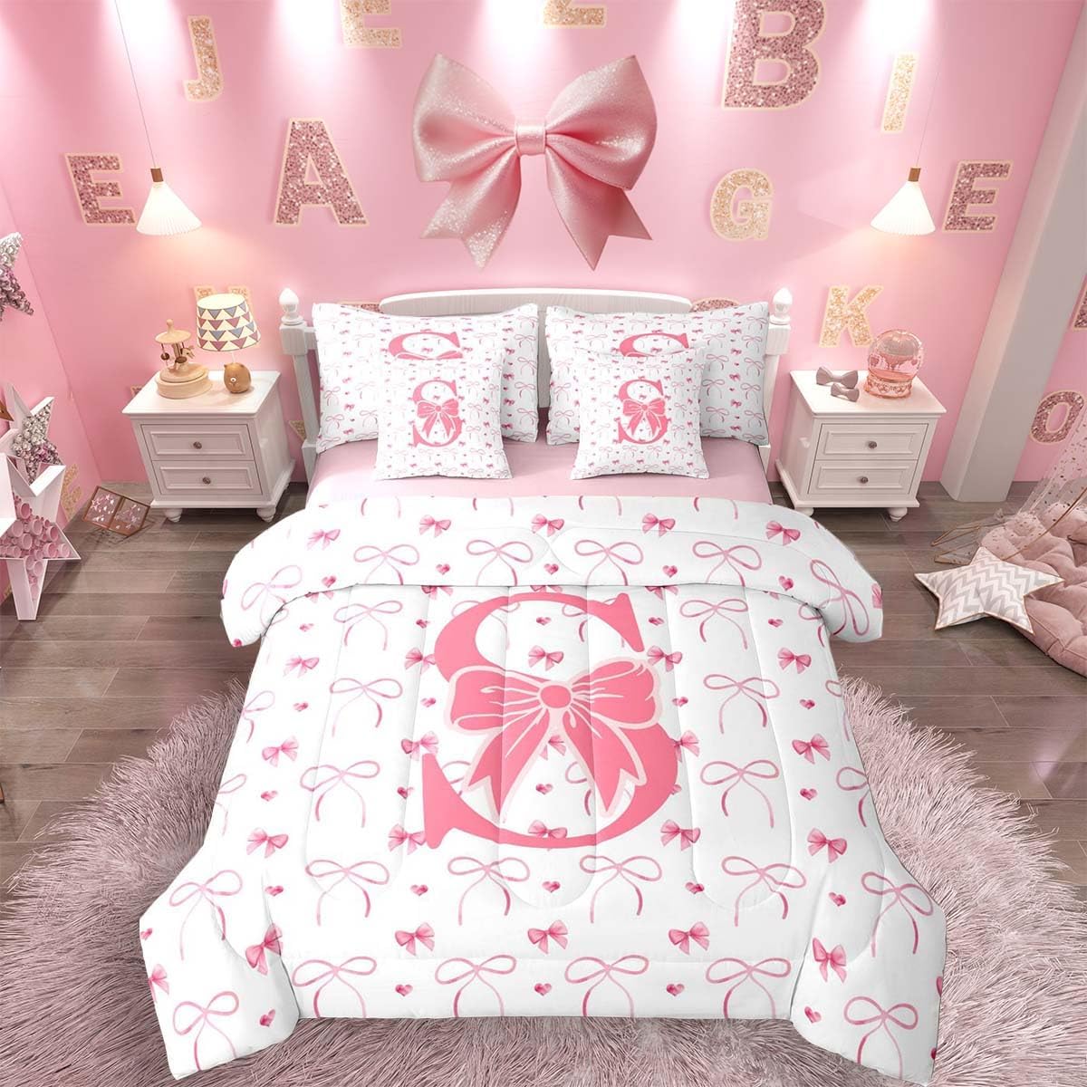 Feelyou Monogrammed Bows Comforter Set with Sheets 7 Piece Queen Size Coquette Pink Initial S Bedding Set for Kids Boys Girls Pink Bow Bed in a Bag Bowknot Room Decor Soft Lightweight Microfiber