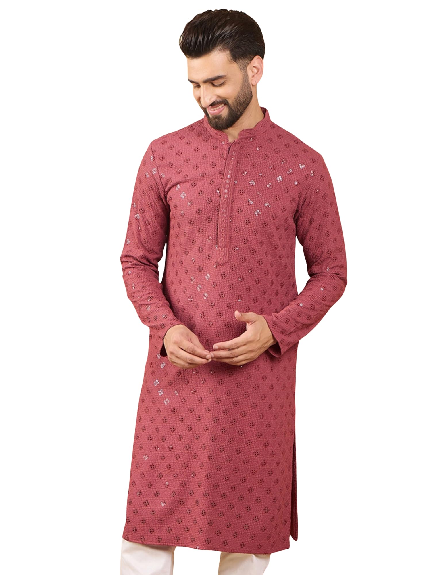 ethnic bay Men's Red Viscose Rayon Solid Embroidered Design Calf Length Kurta Set | Embroidered Design Kurtas Sets For Mens | Straight Fit Kurta's For Men-picture-37
