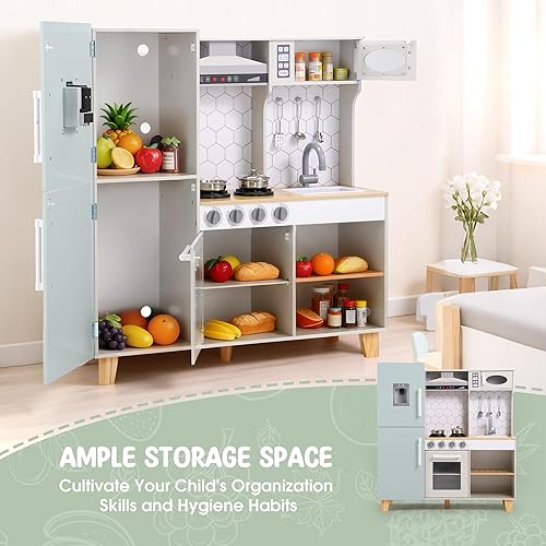 Miniatura 3 de Juego de cocina de juguete de madera para niños con luces y sonidos simulados, juego de cocina de juego de simulación con fregadero, estufa,