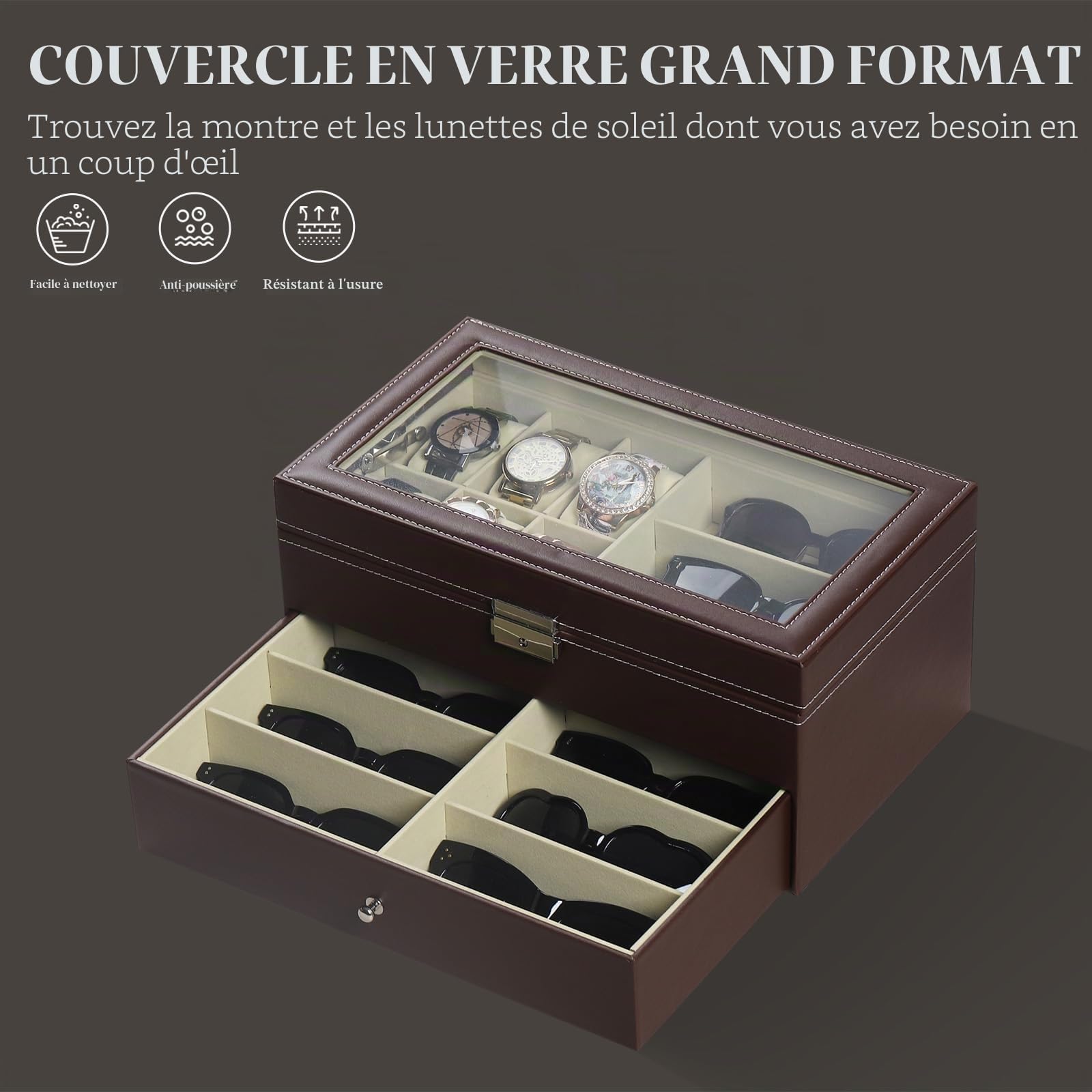 AUTOARK Boîte à bijoux en cuir pour 6 montres et 9 pièces de rangement pour lunettes de soleil avec tiroir verrouillable,Marron,AW-130