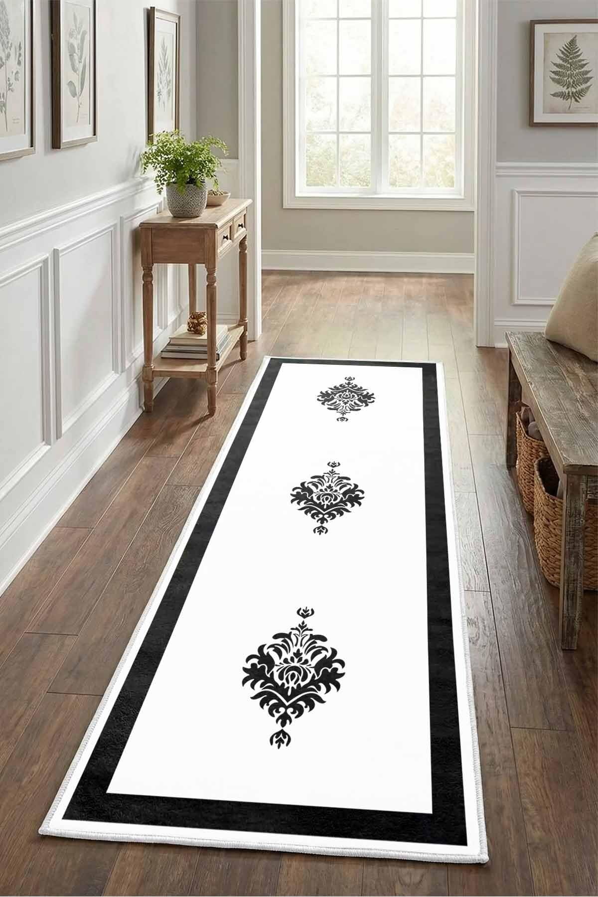 Monnhein Beyaz Siyah Yolluk Black - Yıkanabilir, Kaymaz Taban, Dijital Baskılı, Leke Tutmaz, İnce Hav, Modern Koridor, Mutfak, Antre ve Salon için Dekoratif Yolluk