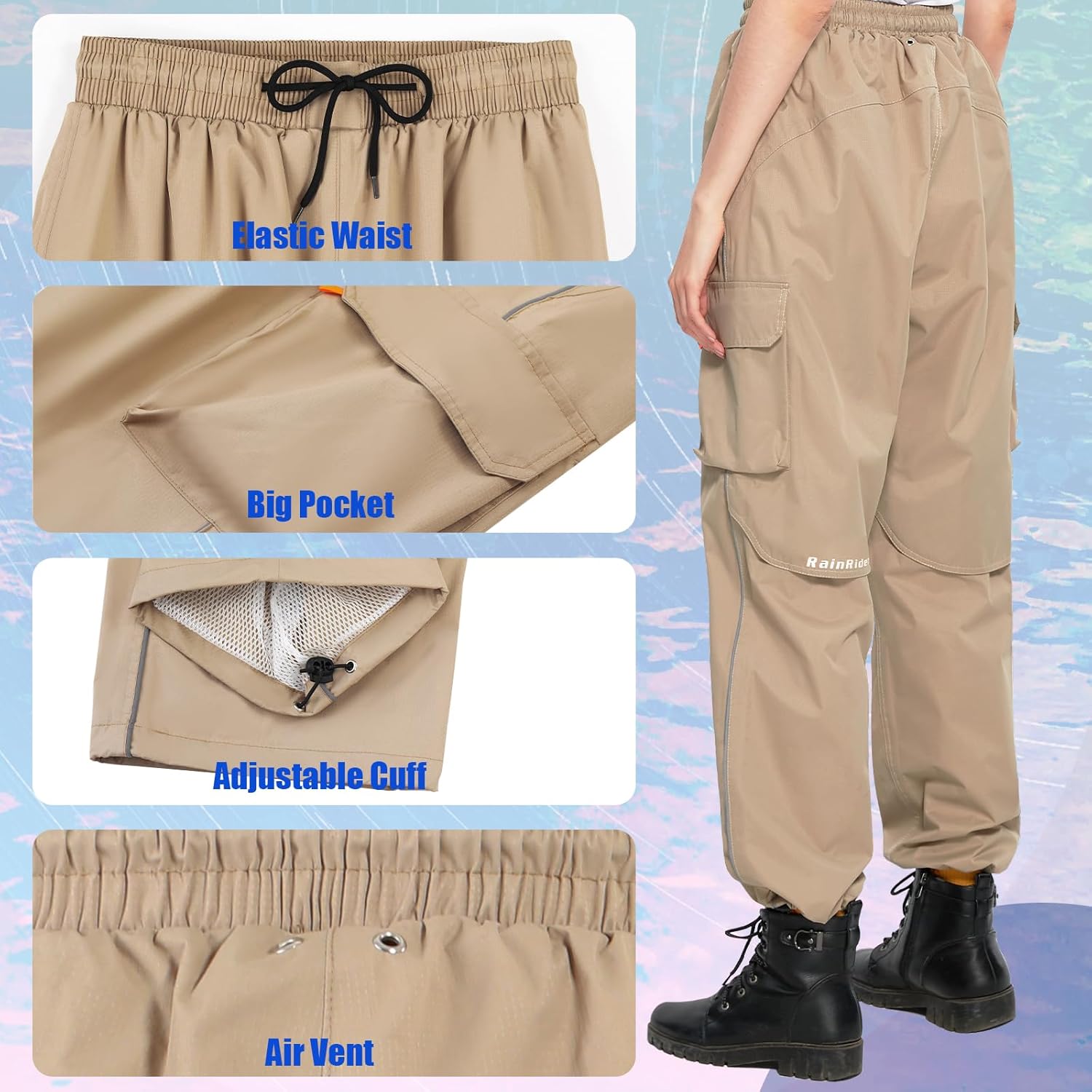 RainRider Rain Pants Waterproof Men Women Lightweight Rain Over Trousers Cargo Hiking Pants for Golf Riding Fishing