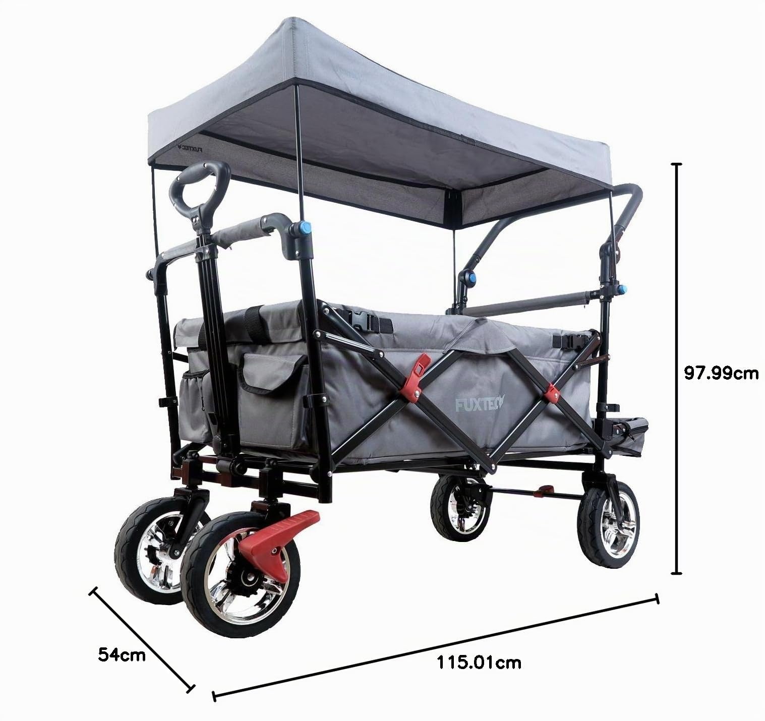 FUXLIFE Carrello Pieghevole FX-CT800 Grigio • Bollerwagen richiudibile con spazio extra per le gambe • Tettuccio parasole e ruote larghe • Volume 105 L e portata 75 kg
