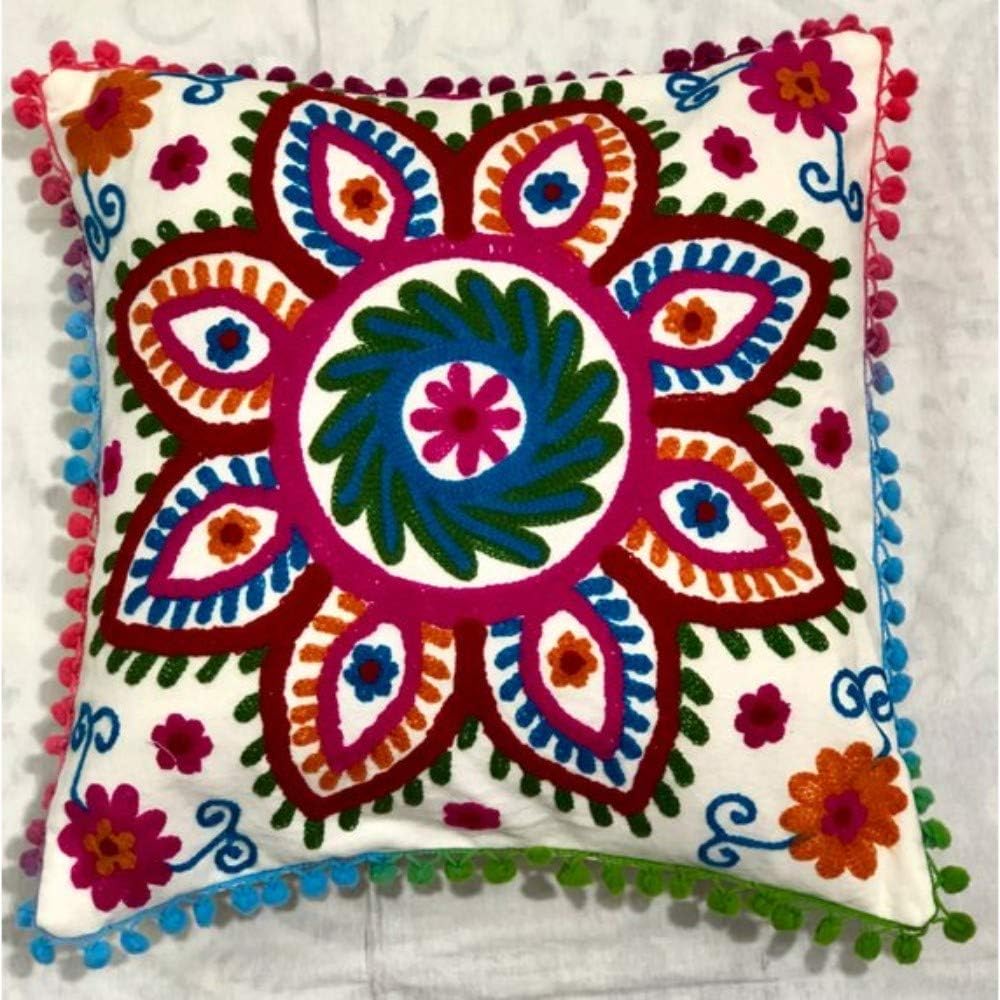 GANESHAM HANDICRAFT Indian Home Decor Floral Cotton Throw Pillow Case Throw Pillow Cover Hand Embroidered Suzani Fabric Sofa 16x16 Inch