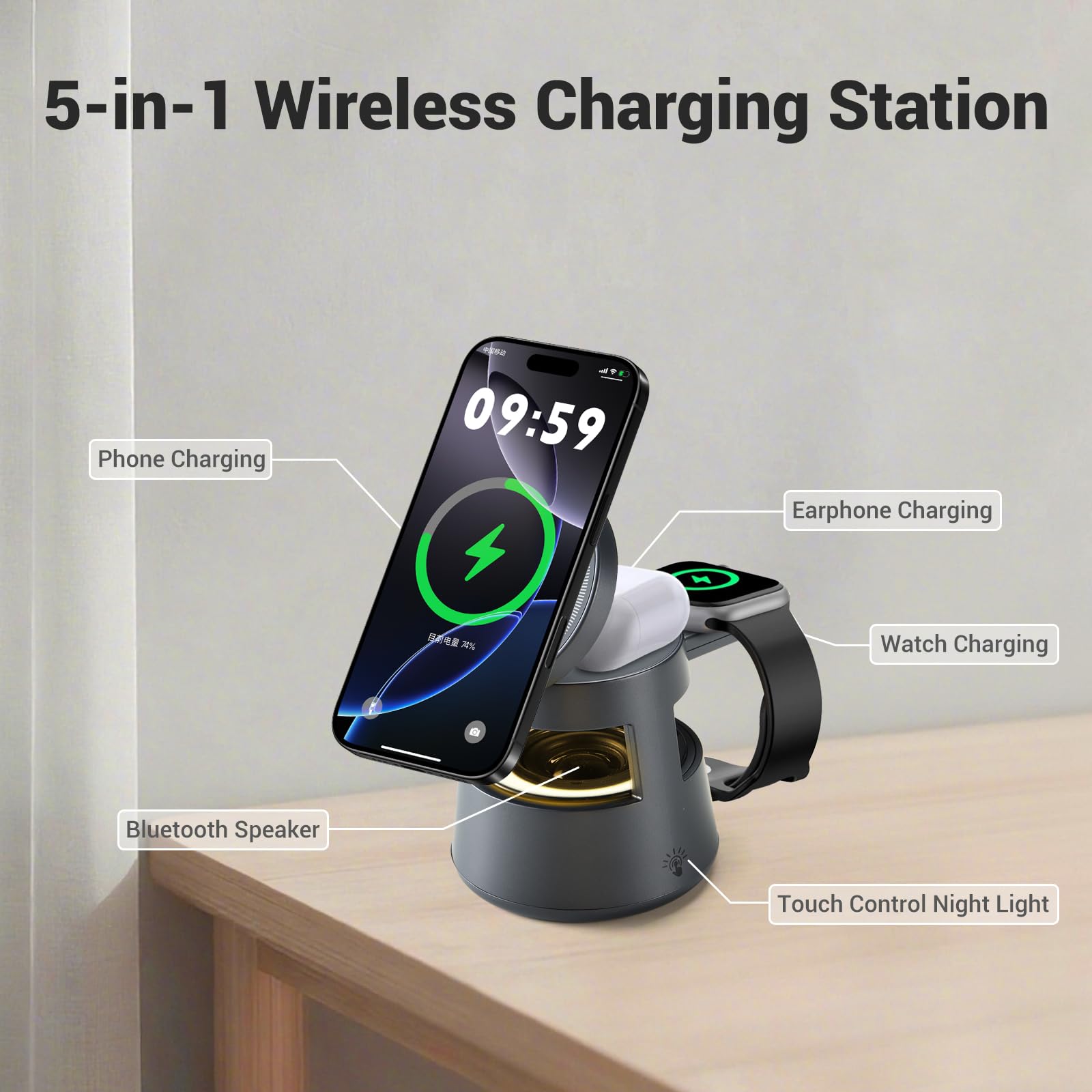 KozyOne Bezprzewodowa stacja ładująca 5 w 1 z głośnikiem Bluetooth, magnetyczna szybka ładowarka, lampka nocna, stacja dokująca do ładowania kompatybilna z iPhone 17/16/15/14/13/12, Apple Watch
