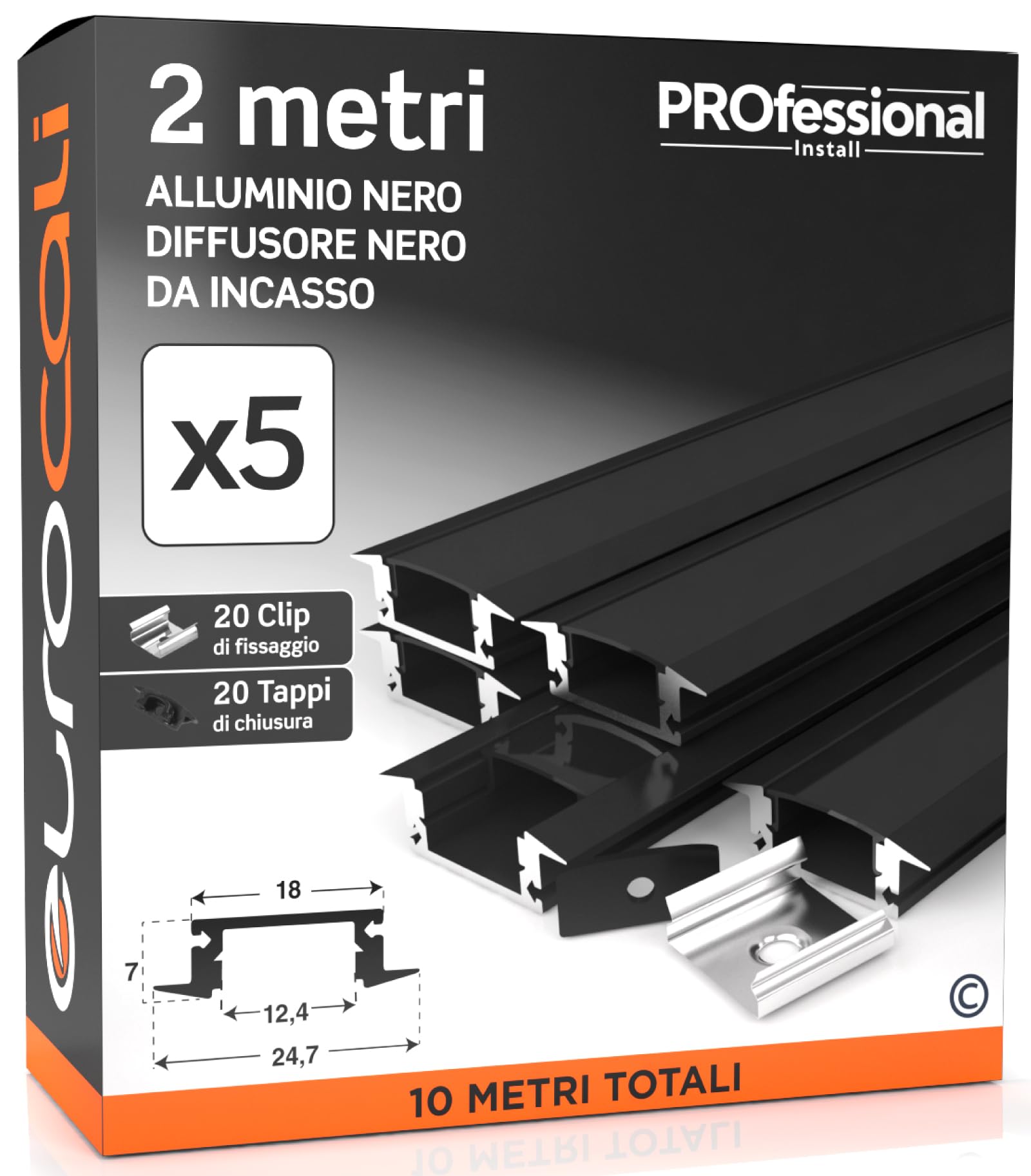 Eurocali 5x Profili da 2 metri (10mt) in Alluminio Nero per Strisce LED Copertura Opaca larghezza max striscia led 12.4mm - 24.7 x 7