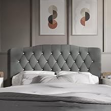 Queen Crystal Diamond Button Tufted Velvet Upholstered Adjustable Headboard, Light Blue