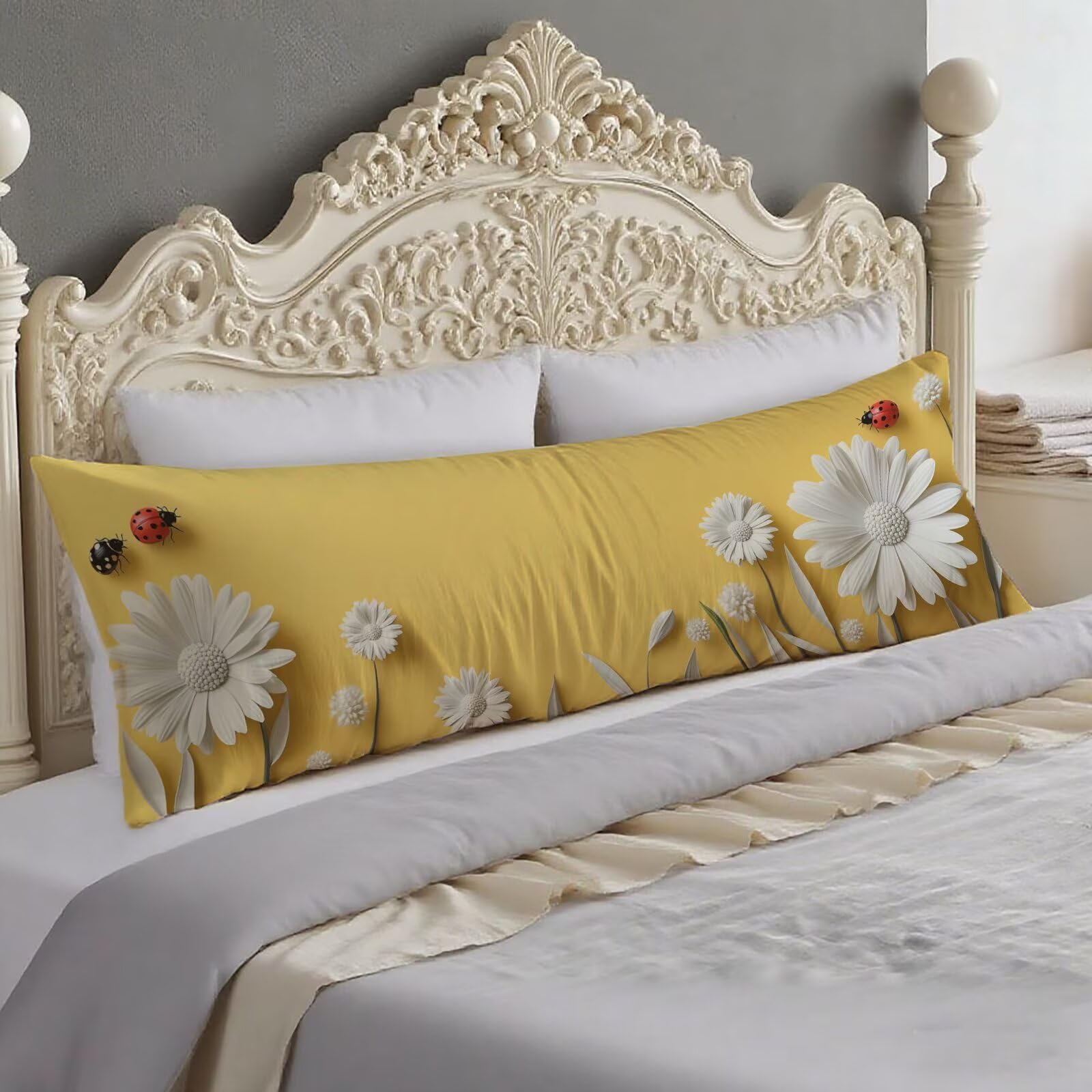 Housse traversin 60x180 cm motif jaune et blanc, une idée cadeau femme pour déco de chambre