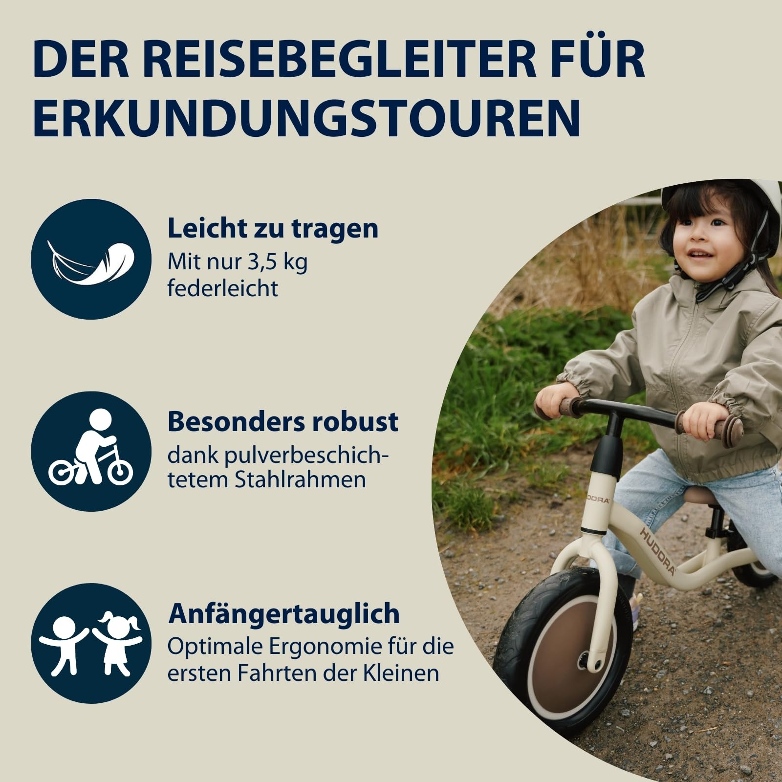 HUDORA Laufrad Cruisy 10 Zoll - Hochwertiges Lernrad ab 15 Monaten - Leichtes Lauflernrad mit Verstellbarer Sattelhöhe - Rutschfahrzeug für Kinder von 78-100 cm - Robustes Kinderfahrzeug - Mocha