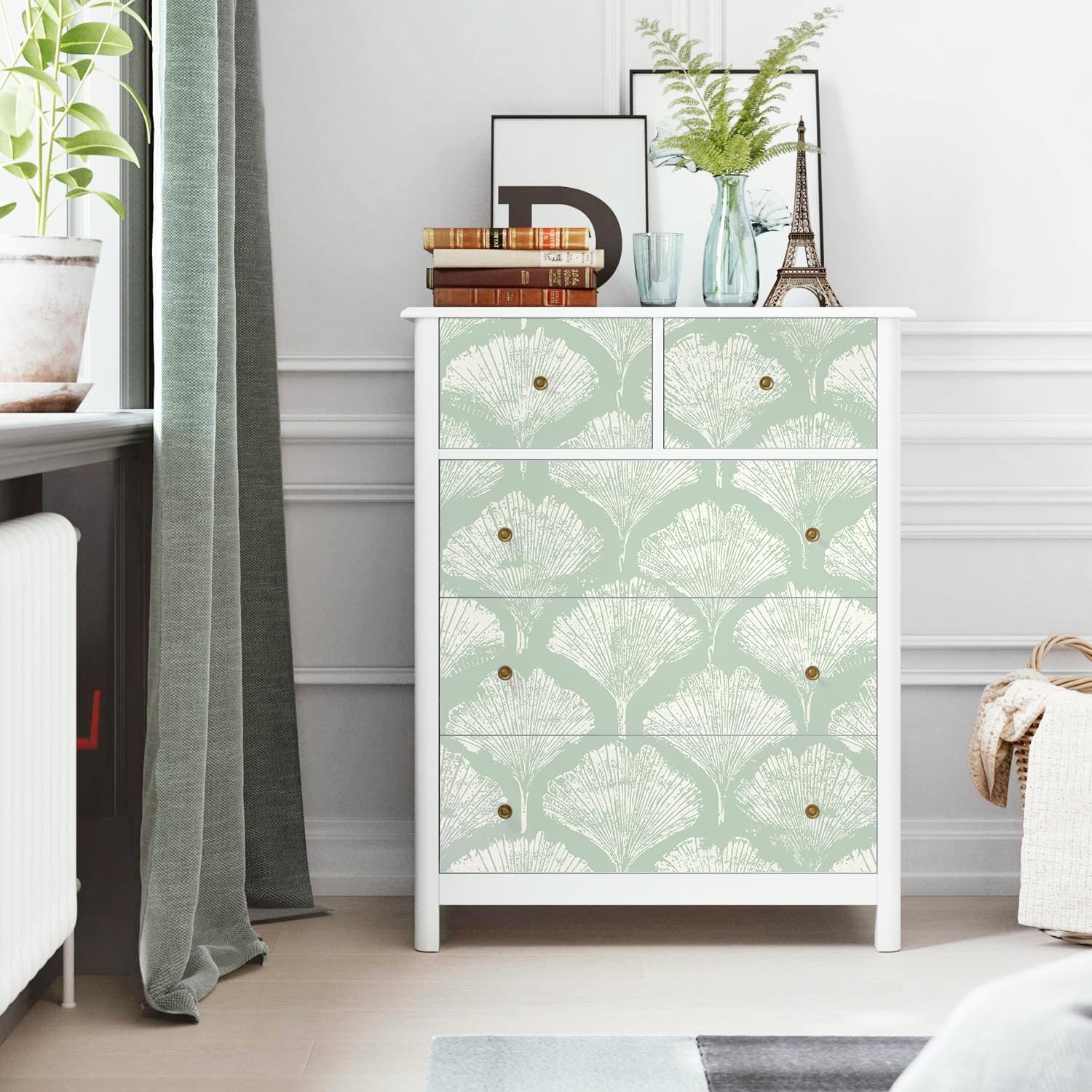 CiCiwind 17.3" × 393" Green and White Peel and Stick Wallpaper Modern Wall Paper Boho Removable Self Adhesive Wallpaper for Bedroom Bathroom Boho Contact Paper for Cabinets Drawers Vinyl Rolls