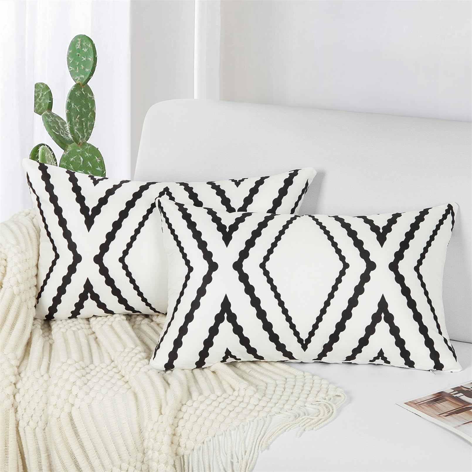 Adabana Outdoor Lumbar Waterproof Pillow Covers Set of 2 Boho Geometric Throw Pillows Cover for Patio Garden 12 x 20 Inch White