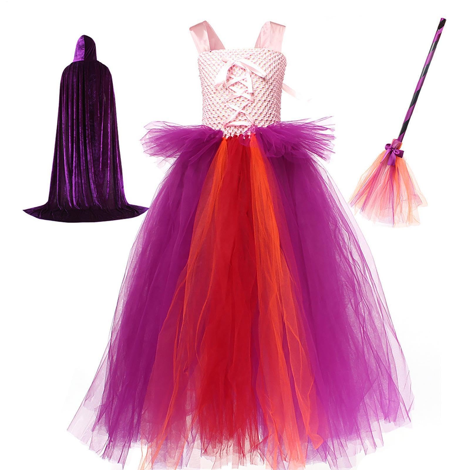 Generisch Costume da strega per bambini, con scopa e mantello