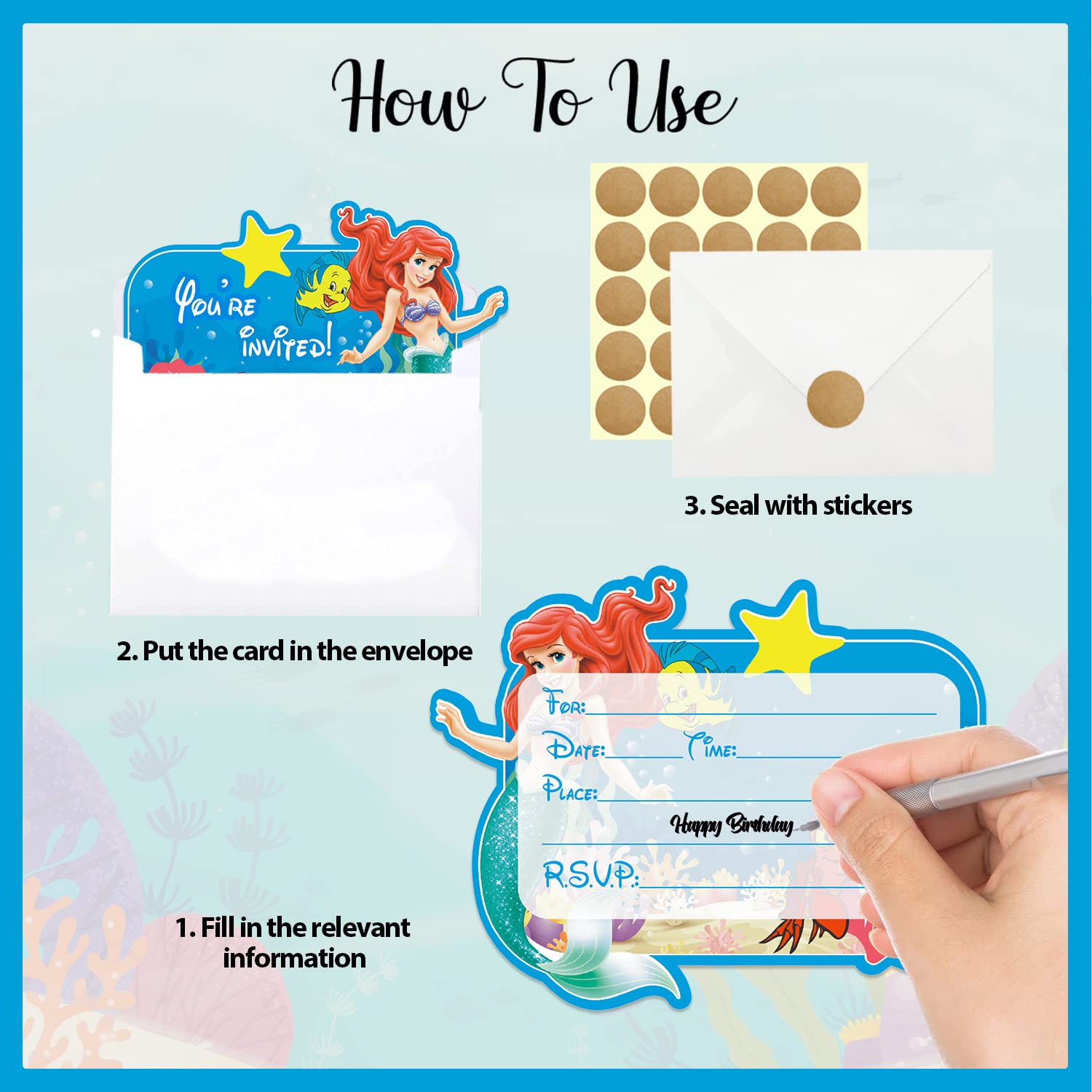 Write-on Birthday Cards Little Mermaid Birthday Party Invitations - Ariel  Themed Write-On Invites With Envelopes Mermaid Birthday Invitations Girl, image size:1500x1500