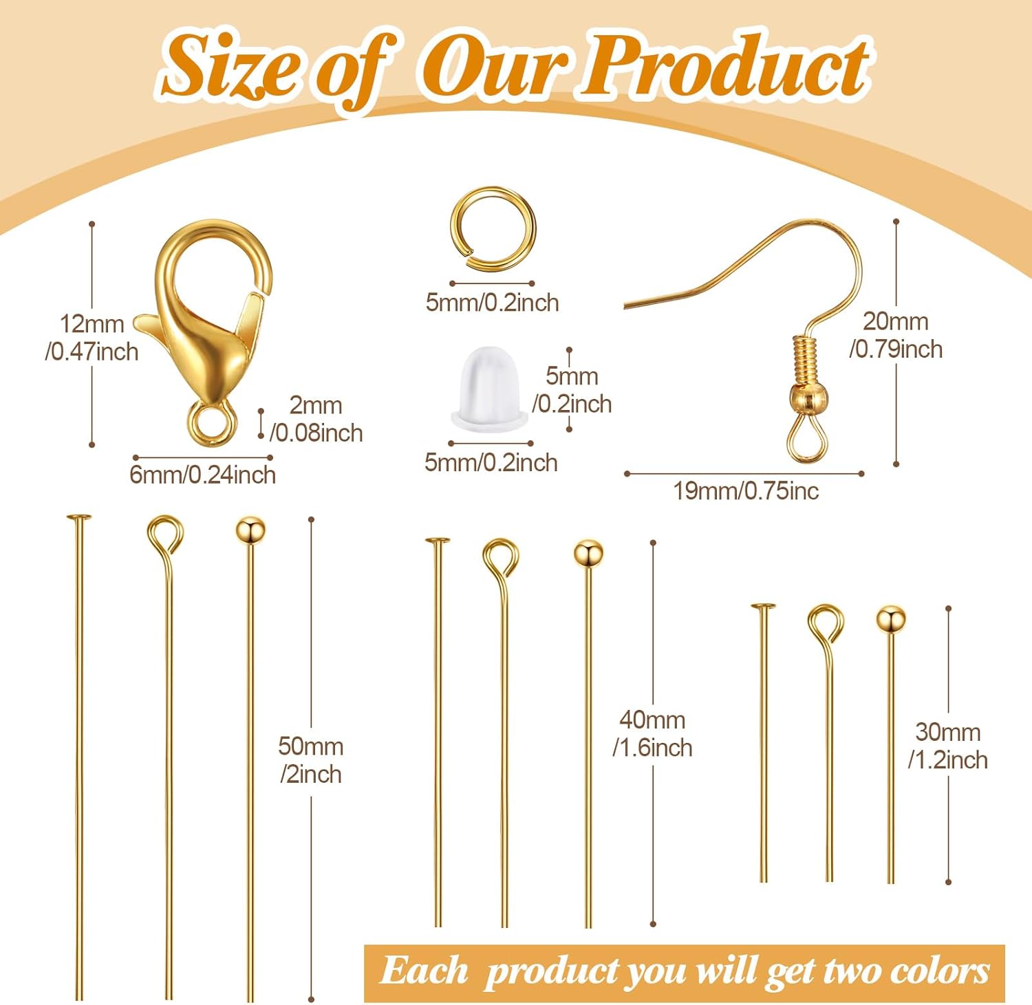 HyDren 2600 Pcs Jewelry Making Supplies Eye Flat Head Ball Pins Lobster Clasps Jump Rings Earring Hooks Backs Set Jewelry Making Findings Accessories Kit for Earring Bracelet DIY Crafts(Gold, Silver) - Image 2