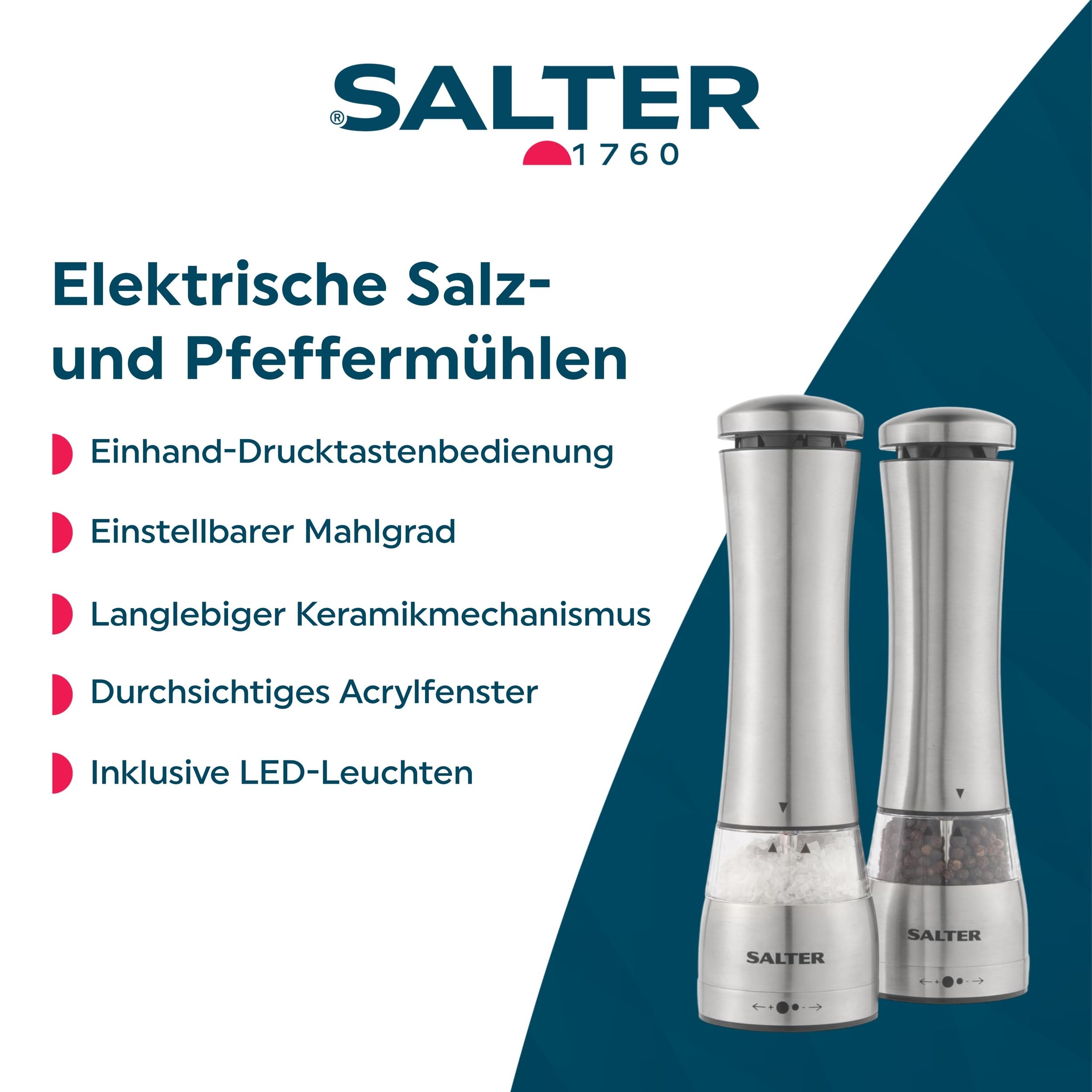 Salter BW11847EU7 elektrische Salz- und Pfeffermühle – Einhand-Drucktastenbedienung, Keramikmechanismus, klares Acryl, einstellbarer Mahlgrad, LED-Leuchten, Pfeffer und Steinsalz, Edelstahl