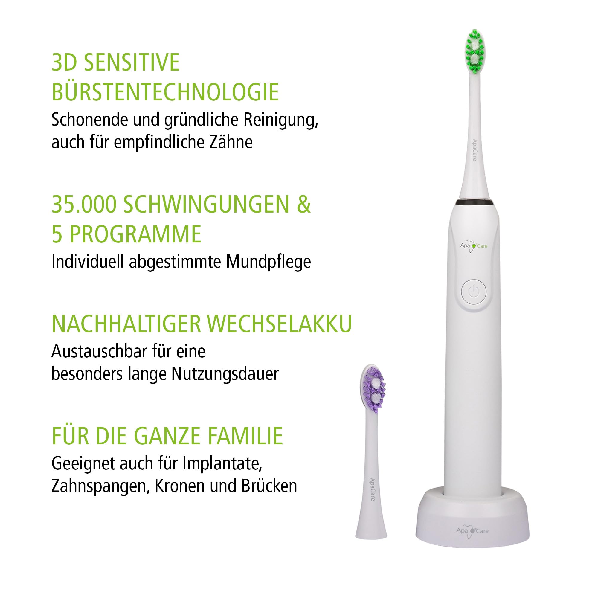 ApaCare Sonic Change - Spazzolino elettrico con 35.000 vibrazioni/min., 5 programmi e batteria sostituibile, incluse 2 testine 3D Sensitive