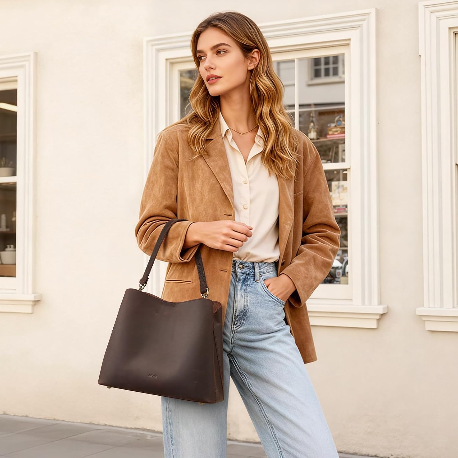 S-ZONE Leather Crossbody Bags for Women Shoulder Bag Multi Compartments Bucket Purses - Image 2