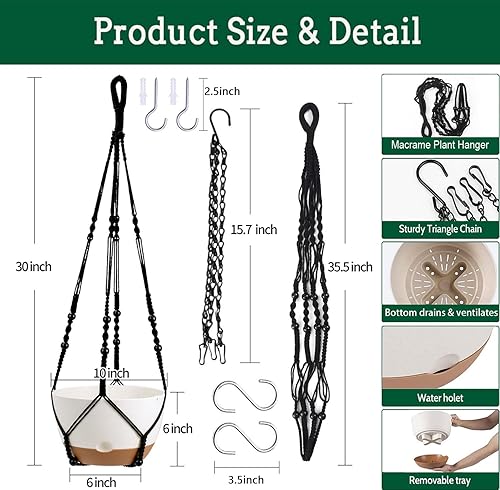 Miniatura 4 de Juego de 2 macetas colgantes de 10 pulgadas para exteriores e interiores, macetas con drenaje y riego automático, 2 tipos de ganchos para colgar en