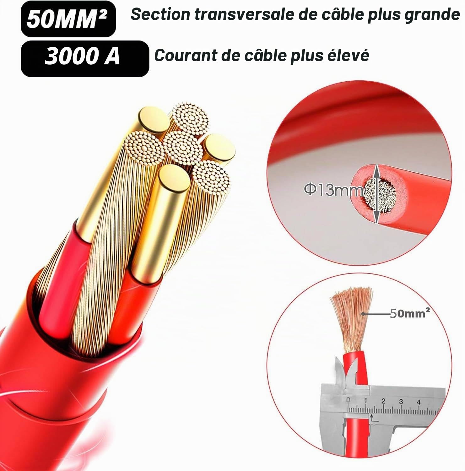 MAMIZO Câble de démarrage, 6 m, 50 mm², 3000 A, 12 V/24 V, avec gants de protection, pour voiture, camion (6 m)