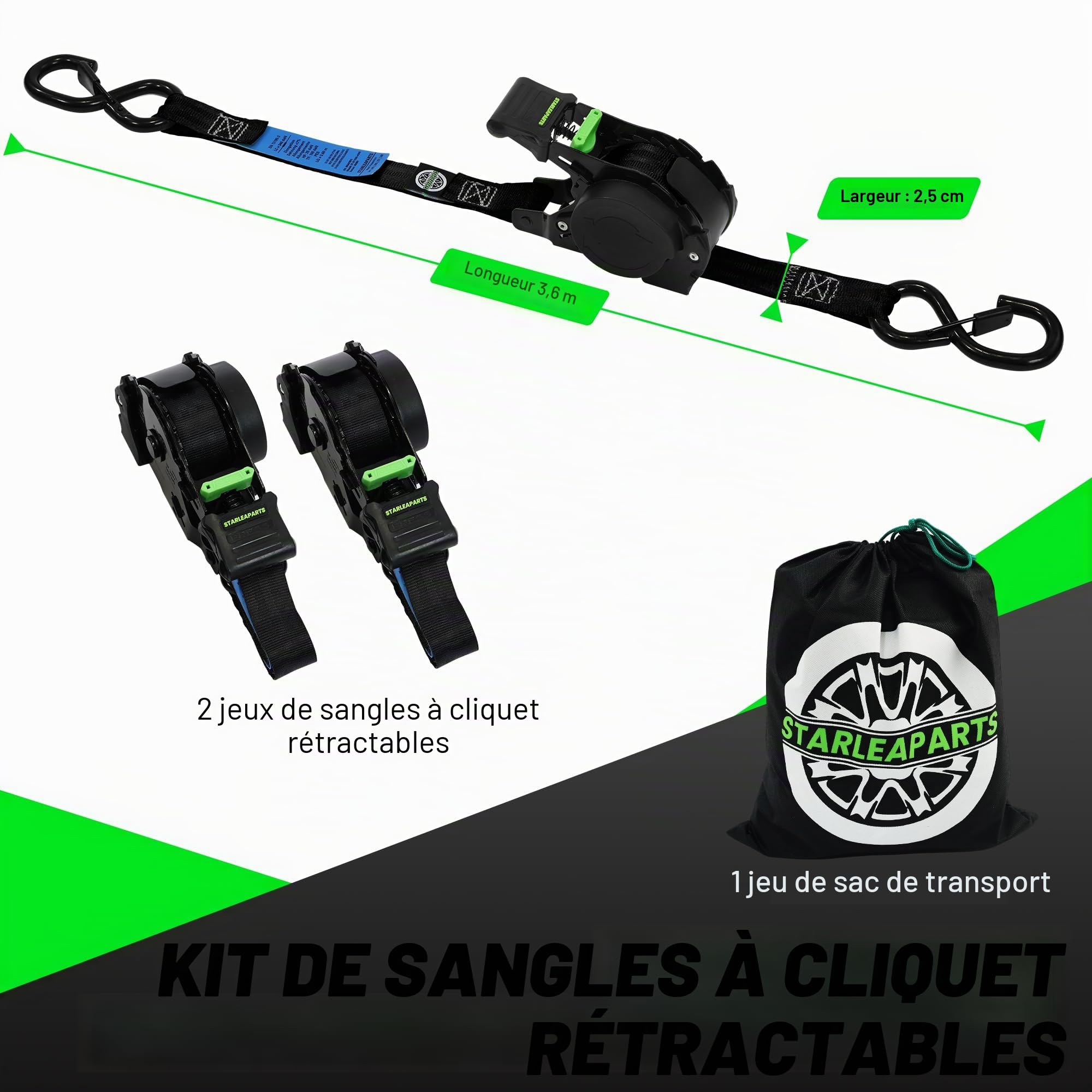 StarLeaparts Lot de 2 Sangles à cliquet rétractables, 680KG de résistance à la Rupture, 3.6m 25mm d'arrimage à rétraction Automatique, Sangles a Cliquet Automatique pour Moto, Kayak et Camion, Noir