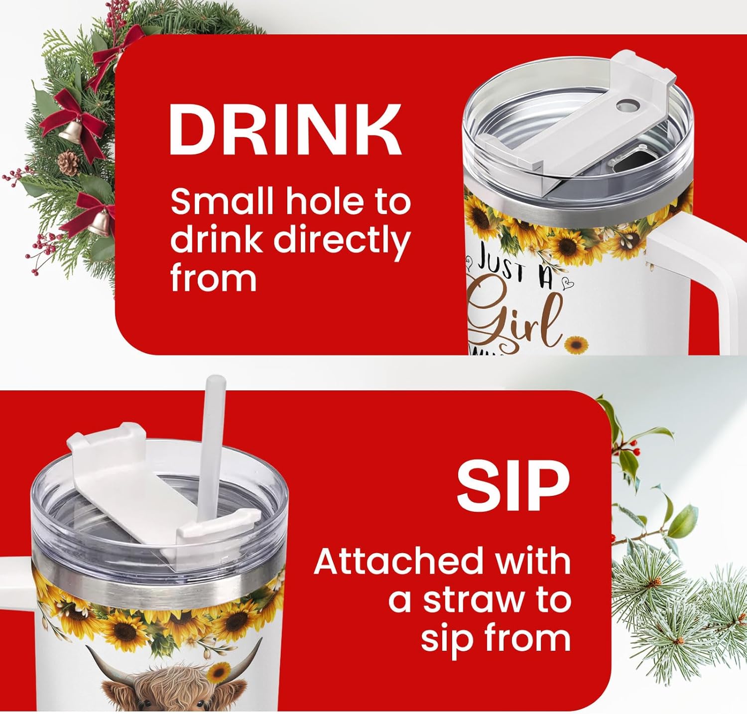 34HD Highland Cow Tumbler 40oz with Handle and Straw, Just A Girl Who Loves Cows Vacuum Insulated Travel Coffee Mug, Heifer Gifts for Girls & Women on Birthday and Mother's Day - Image 3