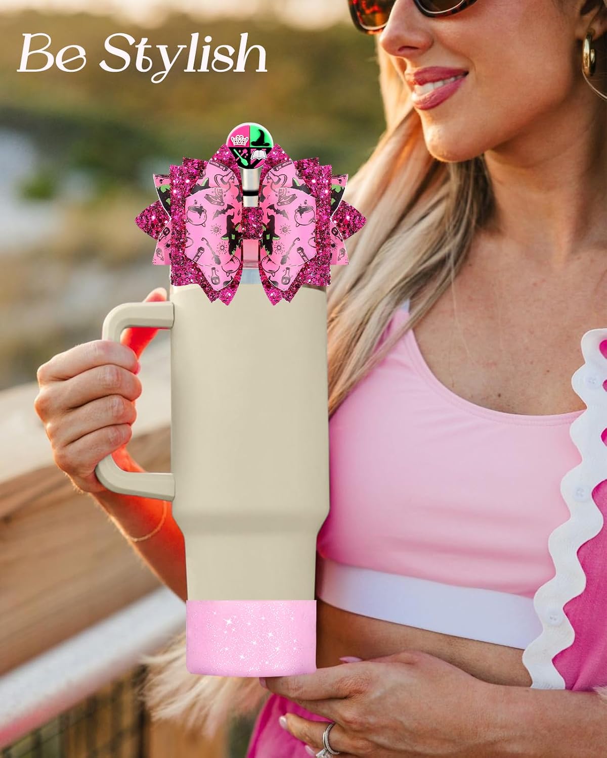 Cup Boot with Straw Cover for Stanley 40 30 oz - Cute Bow Straw Topper and Diamond Caps with Bottom Protector 3 PCS Sets for Tumbler Accessories image 5