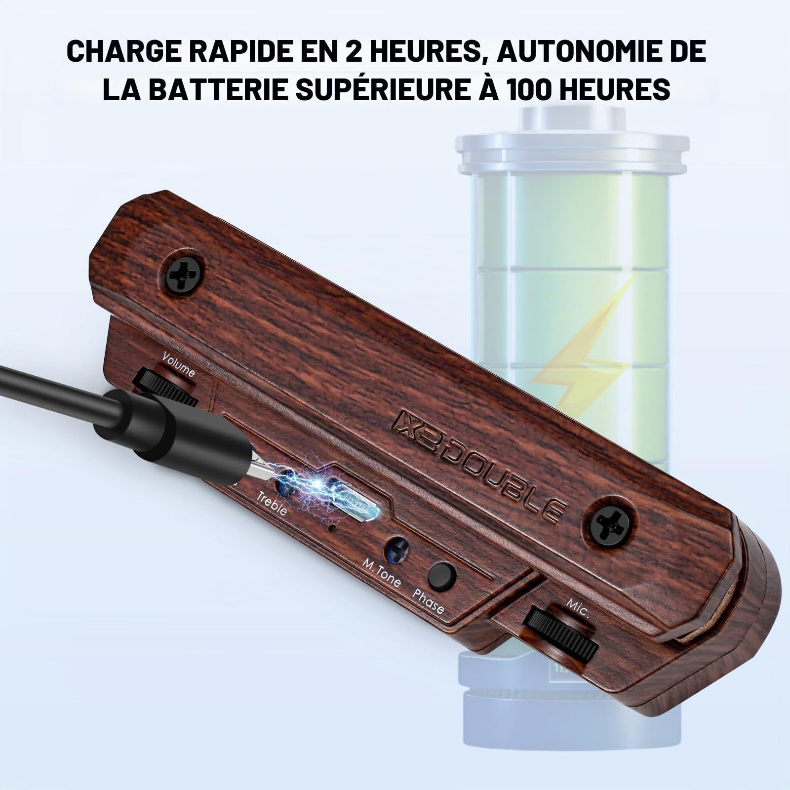 Micro de guitare acoustique rechargeable actif pour guitare acoustique - Micro réglable pour guitare - Bobine magnétique - Contrôle du volume intégré - Microphone acoustique (grain de bois)