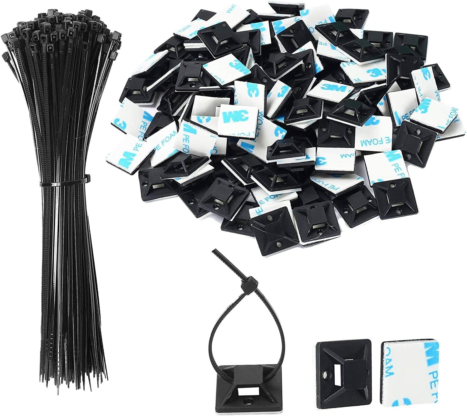 Zip Tie Mounts - SeuYeugX 1000 PCS Cable Self Adhesive Mounts Set for Wire Management with Stick Pads Anchors Clips Squares Holders (Black)