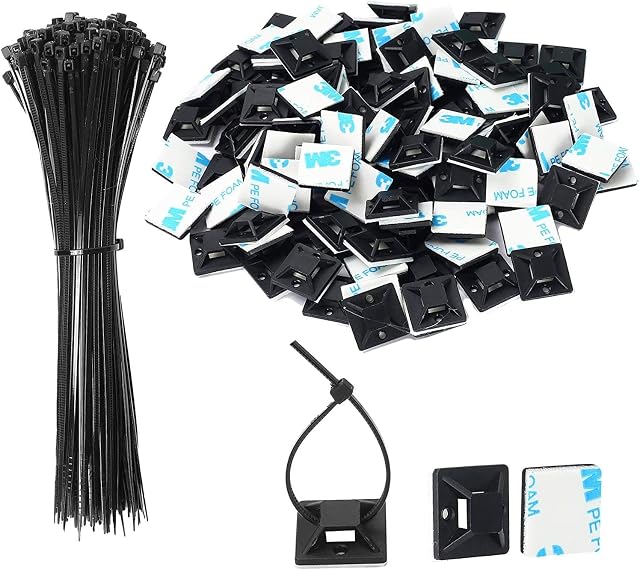 Black Cable Tie Zip Self Adhesive Mounts Set, Cable Base Holders with Multi-Purpose Sticky Pads 100 Set