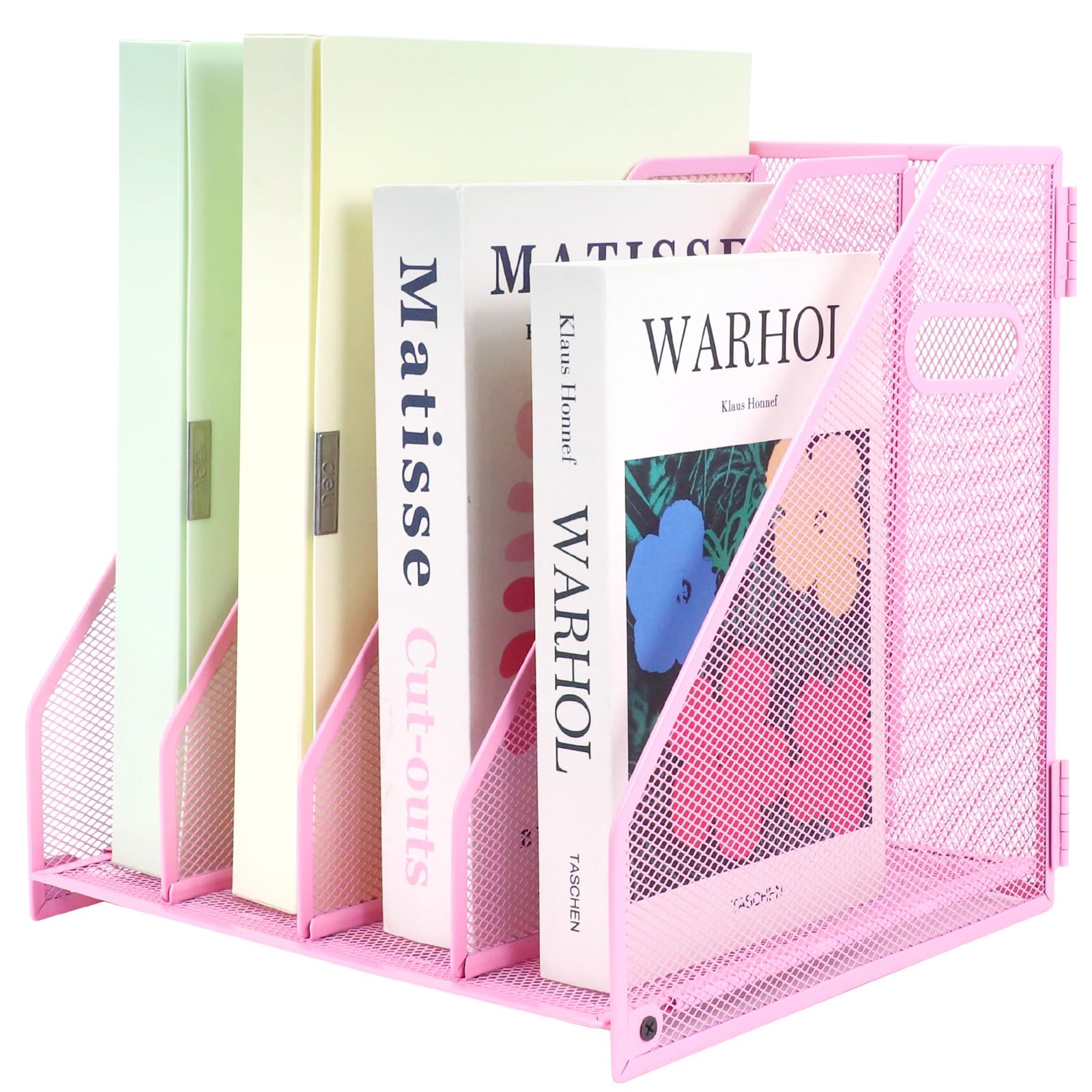 ideallife Desk Organizers, Metal Magazine File Holder with 4 Vertical Compartments Rack Binder File Organizer for Office Supplies, Home Workspace - Pink