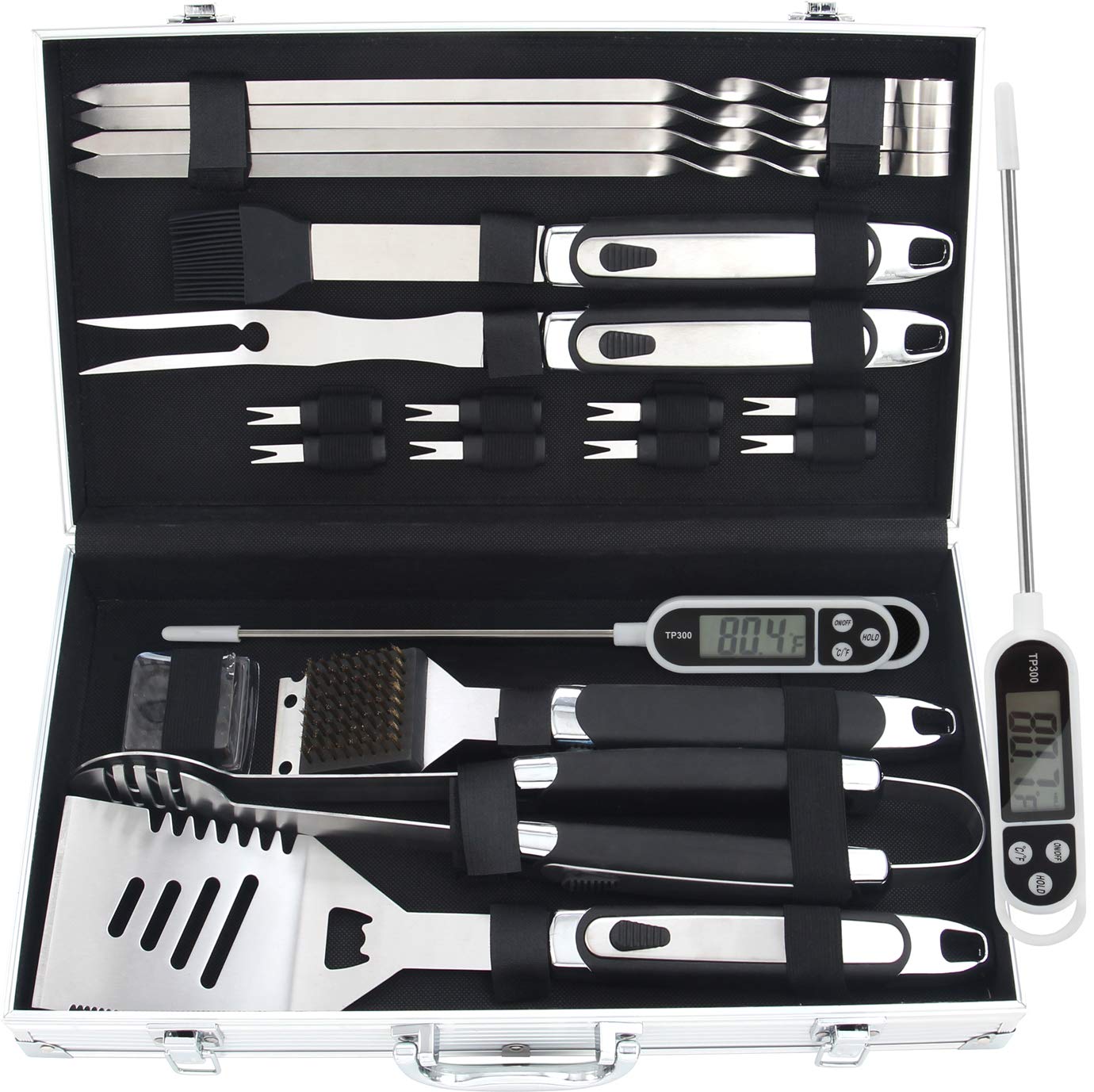 20PC Stainless Steel BBQ Accessories Tools Set - Rubber Handle BBQ Set with Meat Thermometer - Complete BBQ Kit for Men Women on Father's Day, Birthday, Christmas