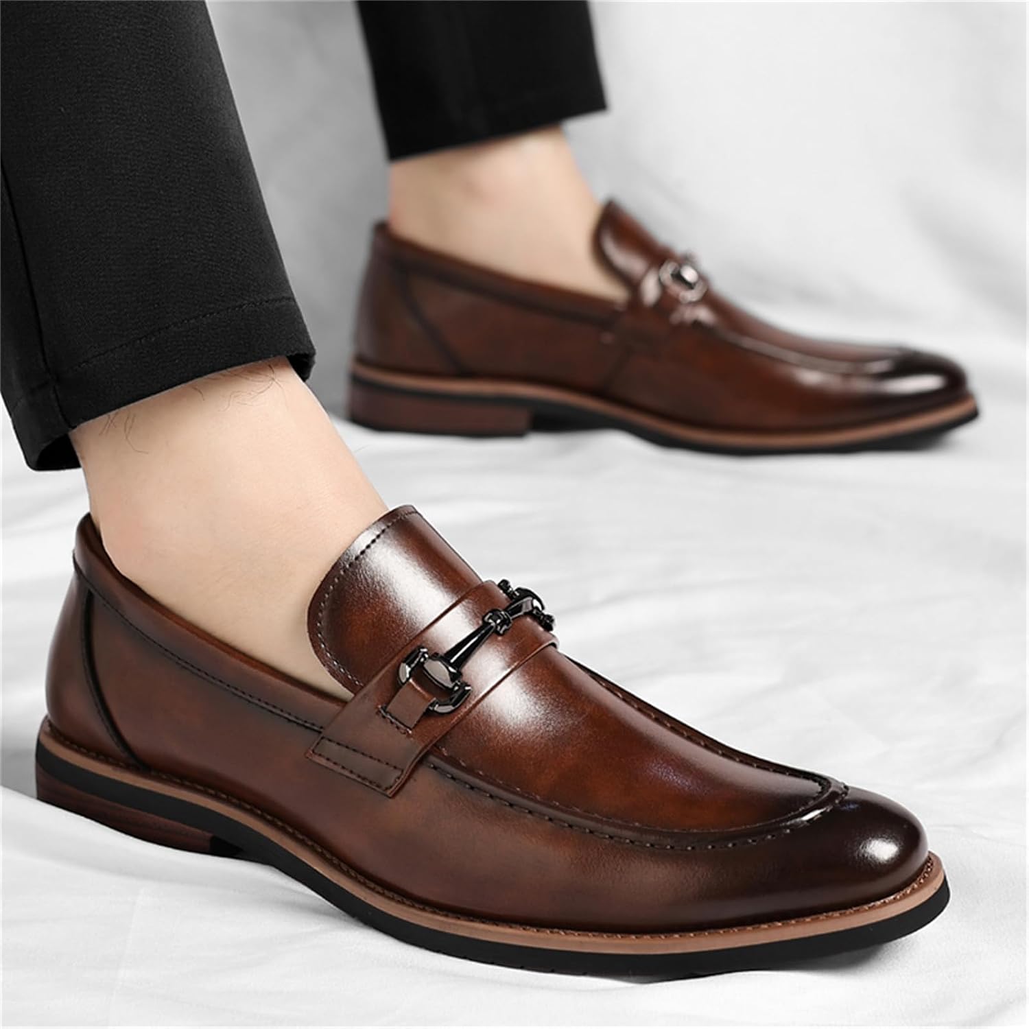 Men's Genuine Leather Slip On Penny Loafers with Metal Bit Decorative Buckle Business Formal Round Toe Low Block Heel Non Slip Shoes for Work Wedding Office Prom Party