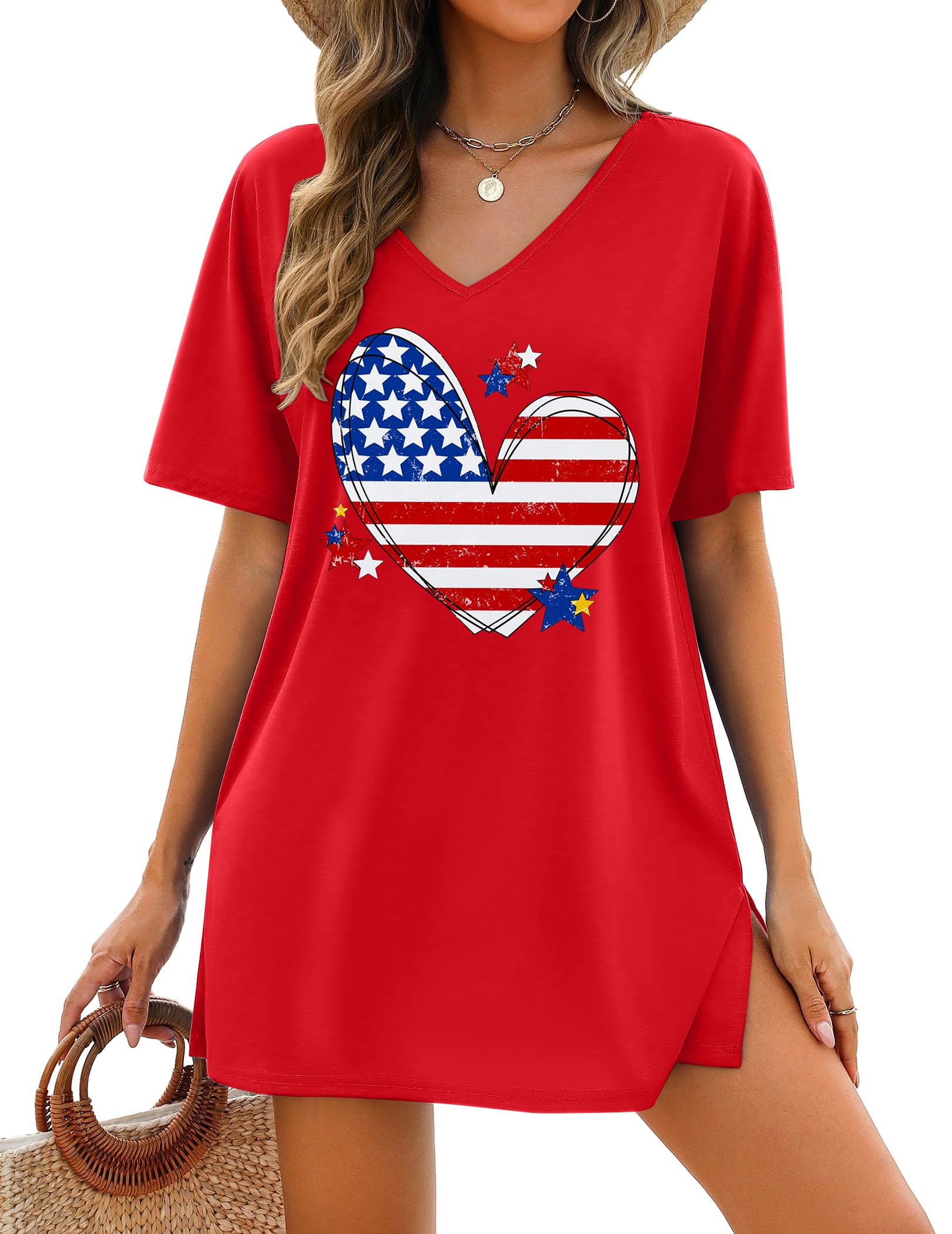PECHAR 4th of July Shirts Women American Flag Dresses Patriotic USA Flag Tees V Neck Beach Swimsuit Coverup