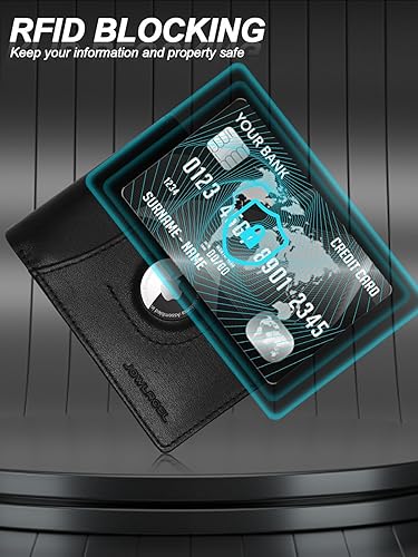 Miniatura 4 de Jowlroel Billetera para hombre con soporte AirTag Cartera plegable de piel auténtica para hombre para AirTag RFID bloqueo cartera con 2 ventanas de