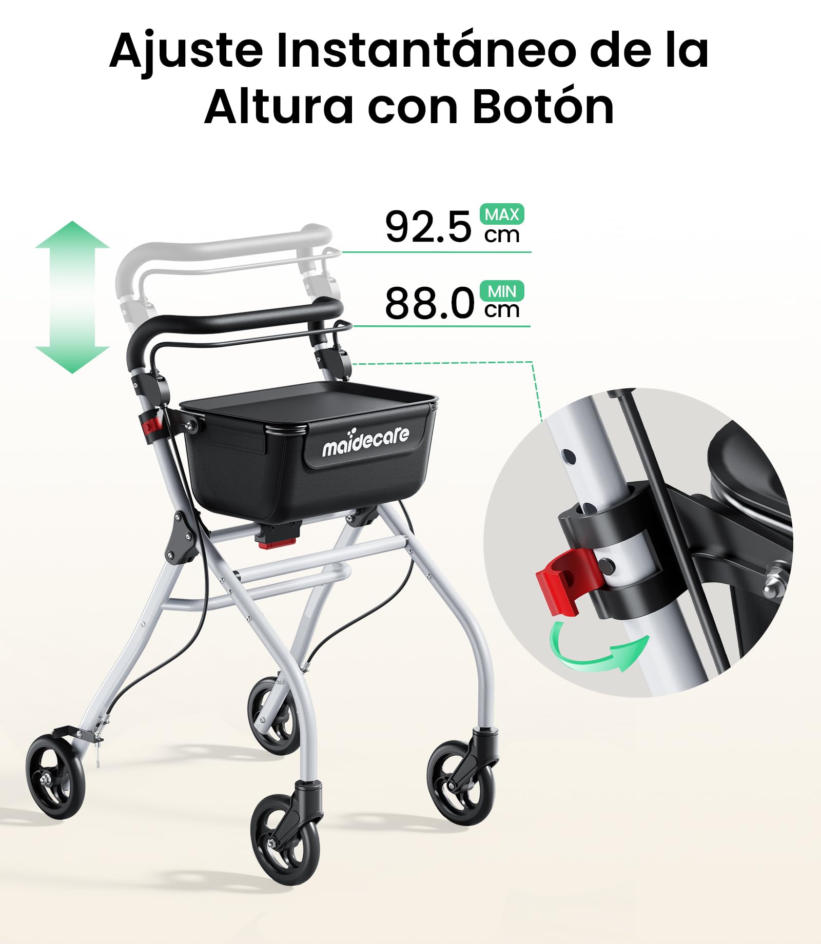 Andador para Ancianos, Andador Plegable con Asiento para Personas Mayores, Estrecho para Apartamento, Modelo de Interior Plegable y Ligero con Bandeja y Bolsa de Tela, 4 ruedas, Aluminio, Blanco