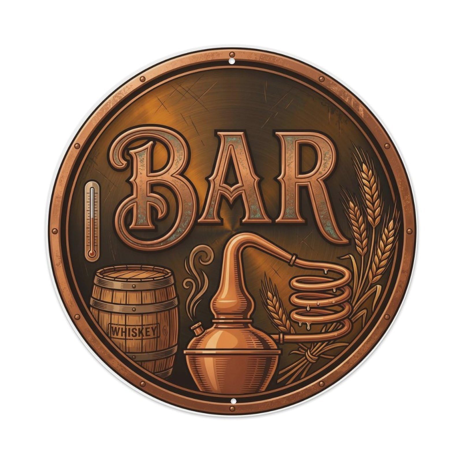 BAR Copper Still Shield Metal Tin Sign Plaque Wall Decor for Cafe, Club Bar, Office, Home Garden Round Metal Poster 8x8Inch