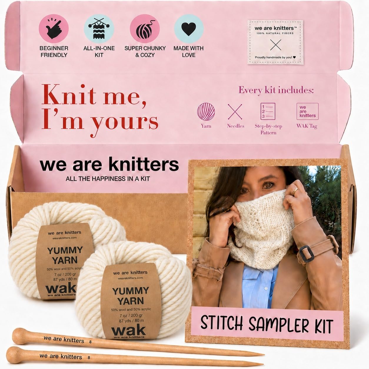 We Are Knitters Stichproben-Strickset, Anfängerfreundliches Strick-Starter-Set mit Baumwollgarn, lernen Sie wichtige Stiche und machen Sie Ihren ersten Schlauchschal