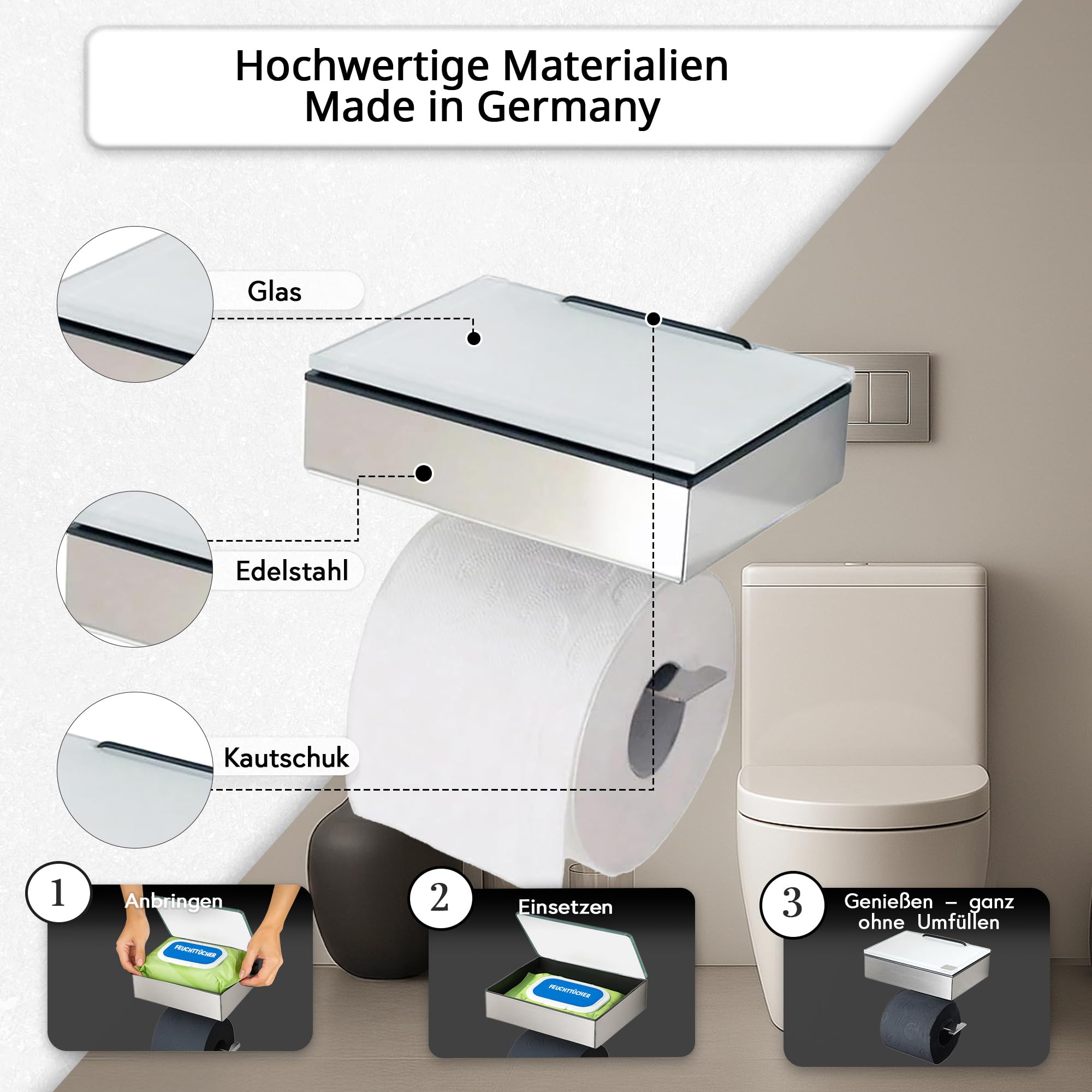 Toilettenpapierhalter mit Feuchttücherbox - Gehäuse Poliert & Abdeckung Glas Weiß- befüllbar von Rechts - Wandhalterung 2-in-1, Feuchttuchbox & Klopapierhalter aus Edelstahl, Made in Germany