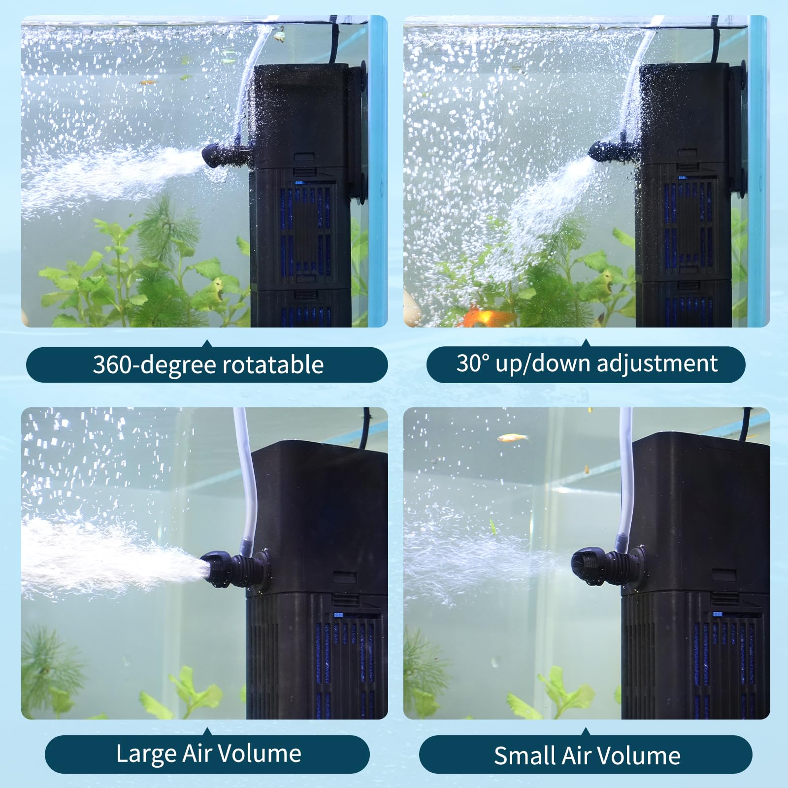 Aquariumfilter, Wasserdurchfluss, einstellbar für 20-75 Gallonen Fischschildkrötenbecken, 264 GPH 4-in-1 biochemische Filtration, leistungsstarke Tauchpumpen und Filter halten Süßwasser Salzwasser