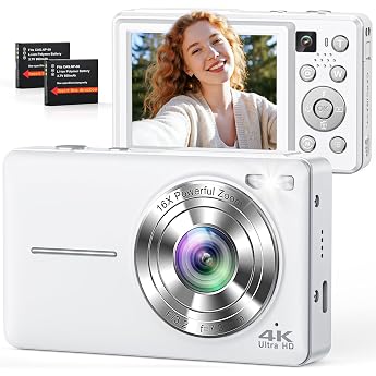 Digital Camera 4K 64MP Camera Double Camera with Auto Focus Flash 16X Zoom Anti-Shake Compact Vlogging Camera for Children Teenagers Adults Beginners White